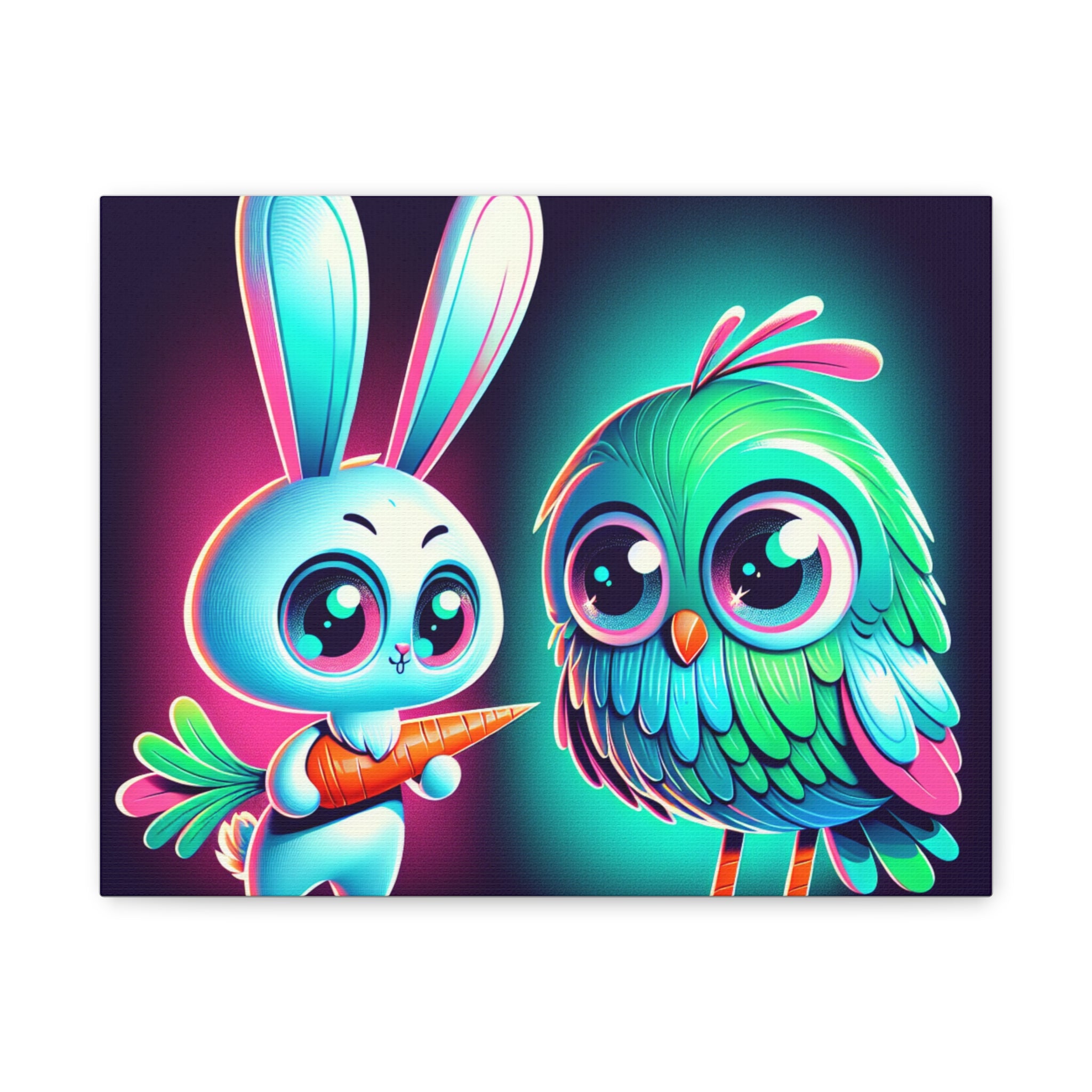 Whimsical Animal Canvas Art - Colorful Bunny and Bird Print