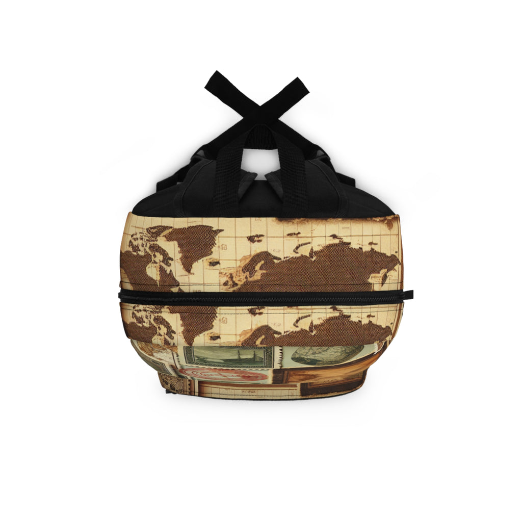 Vintage Travel-Themed Backpack with Postage Stamp Design