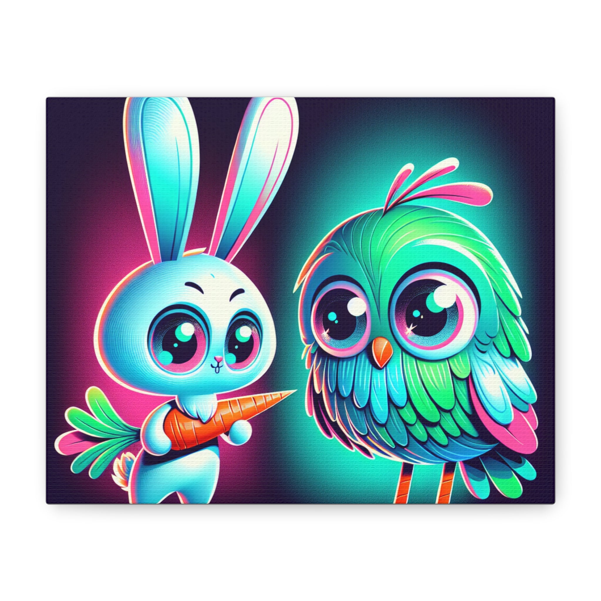 Whimsical Animal Canvas Art - Colorful Bunny and Bird Print