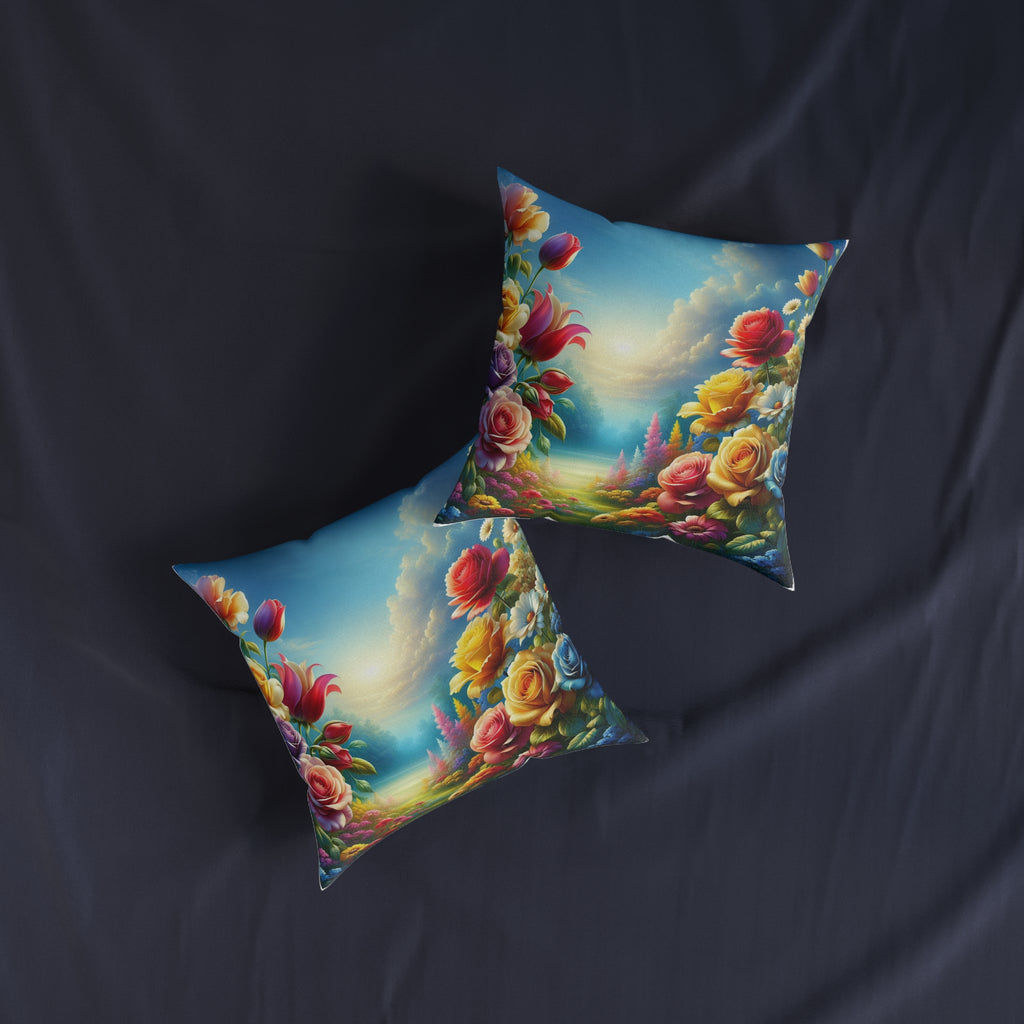 Floral Landscape Square Pillow - Vibrant Flower Garden Design for Home Decor