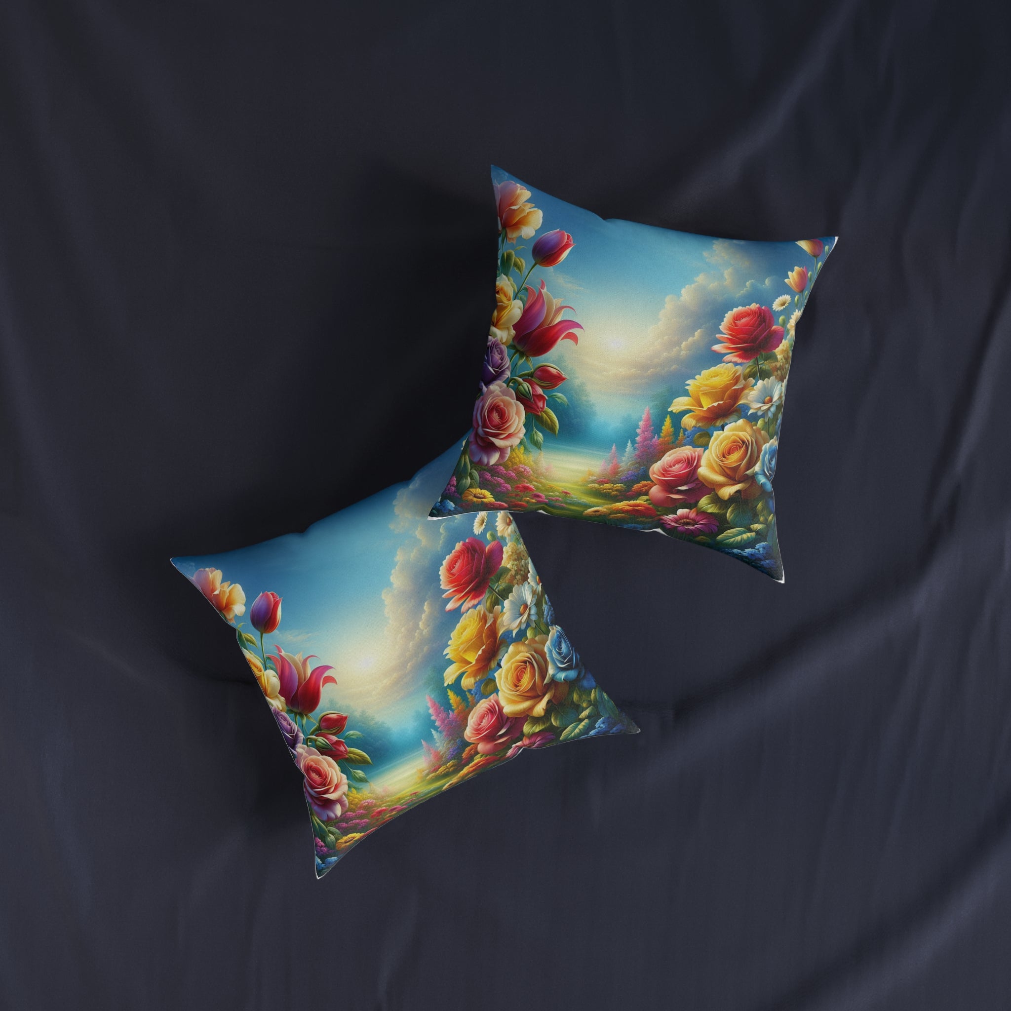 Floral Landscape Square Pillow - Vibrant Flower Garden Design for Home Decor
