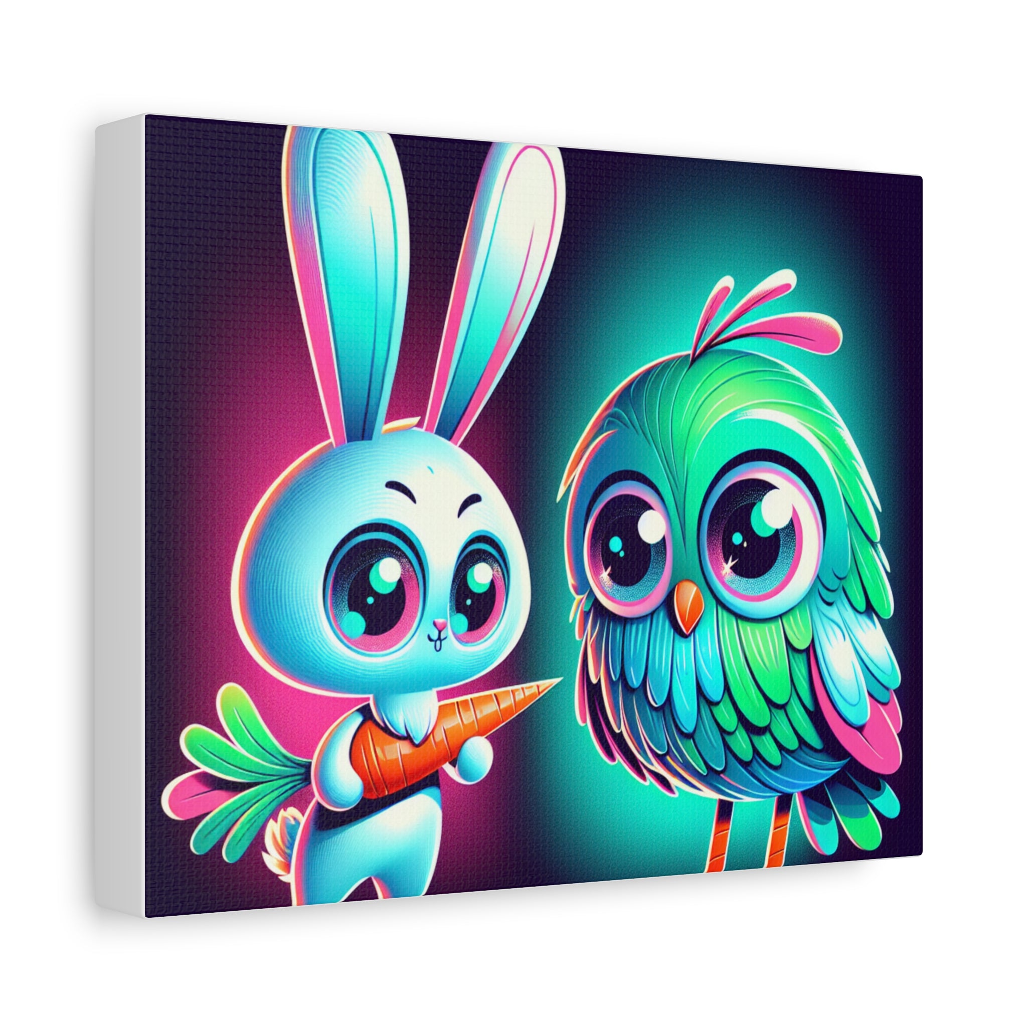 Whimsical Animal Canvas Art - Colorful Bunny and Bird Print