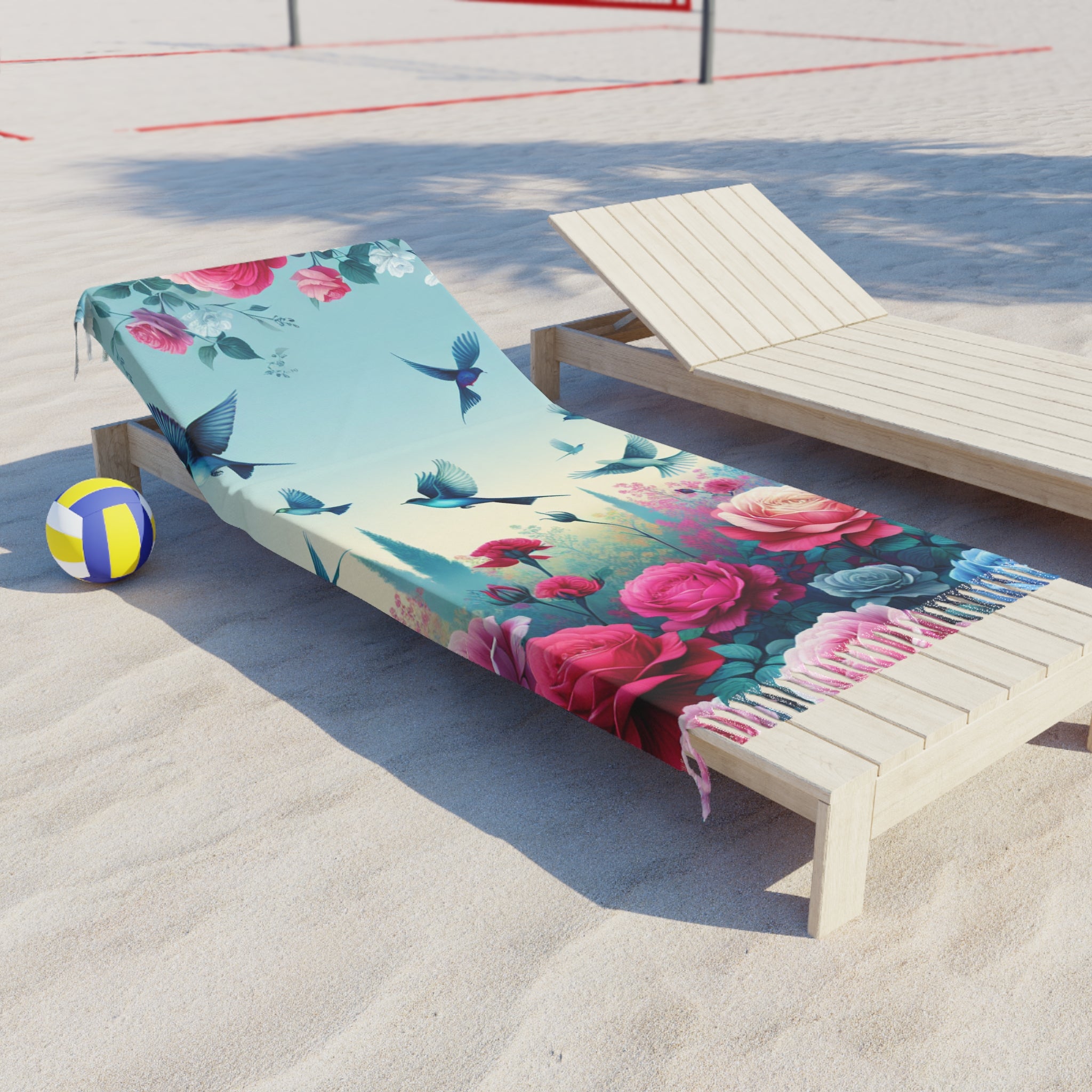 Boho Floral Beach Towel - Vibrant Rose & Bird Design for Summer Fun