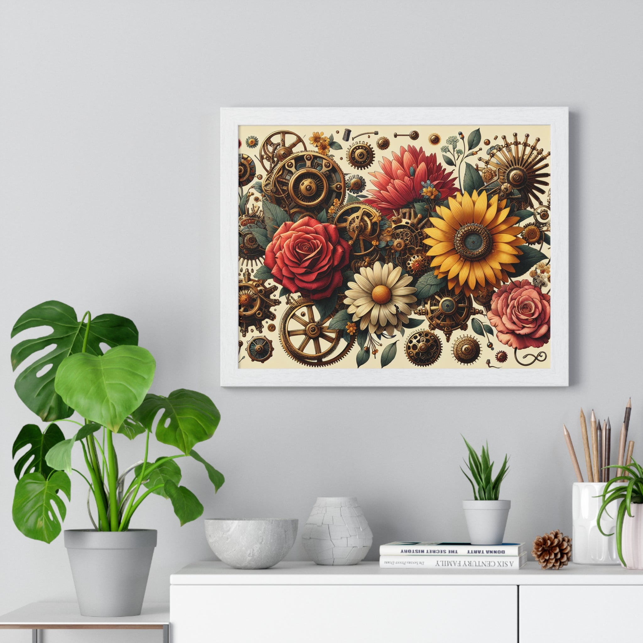 Vintage Floral Steampunk Framed Poster - Industrial Art Home Decor