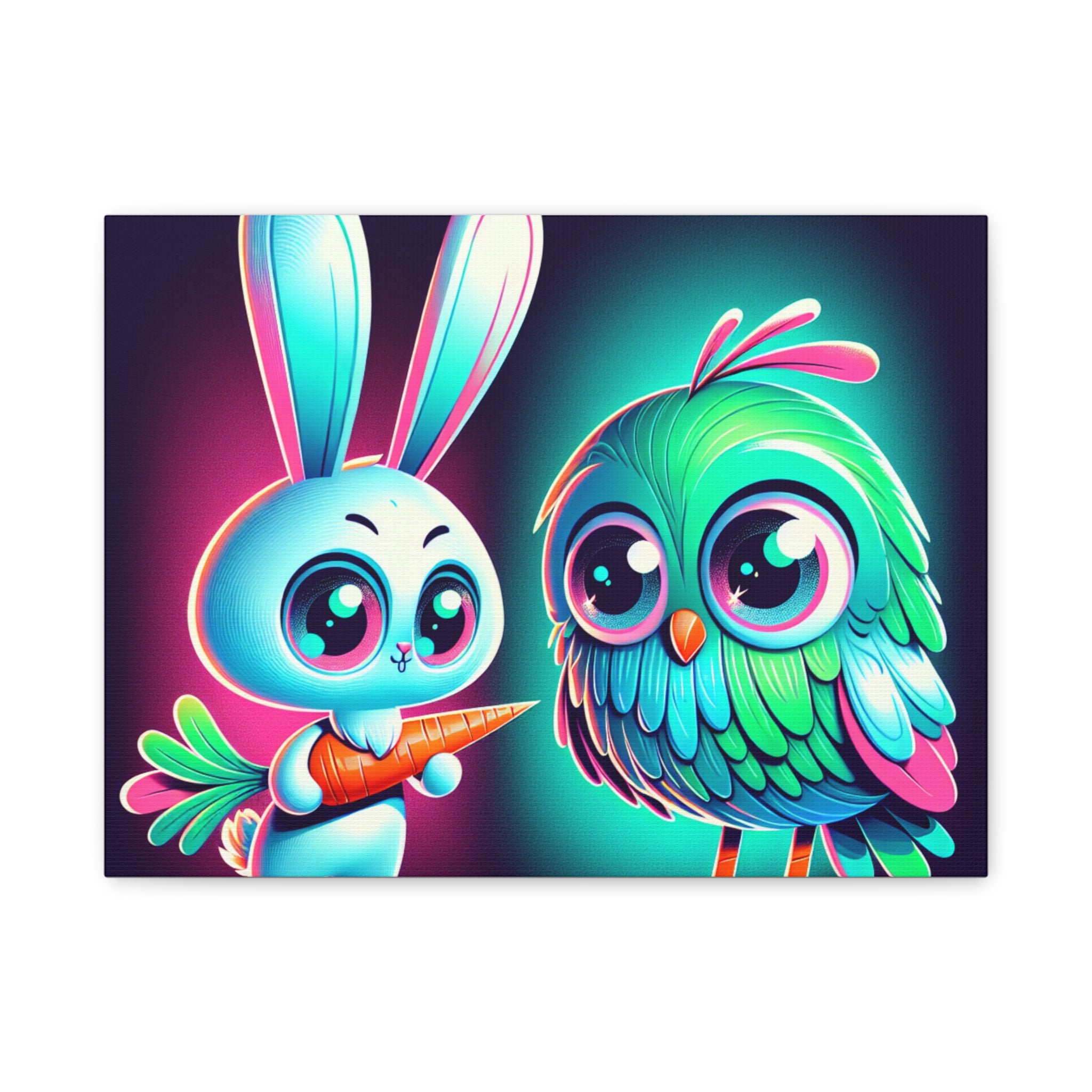 Whimsical Animal Canvas Art - Colorful Bunny and Bird Print