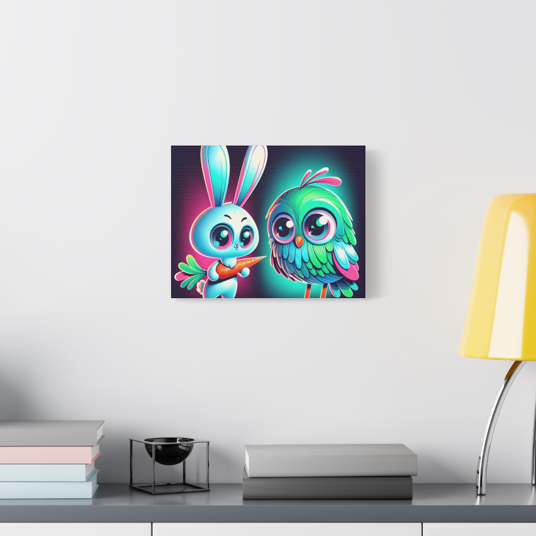 Whimsical Animal Canvas Art - Colorful Bunny and Bird Print