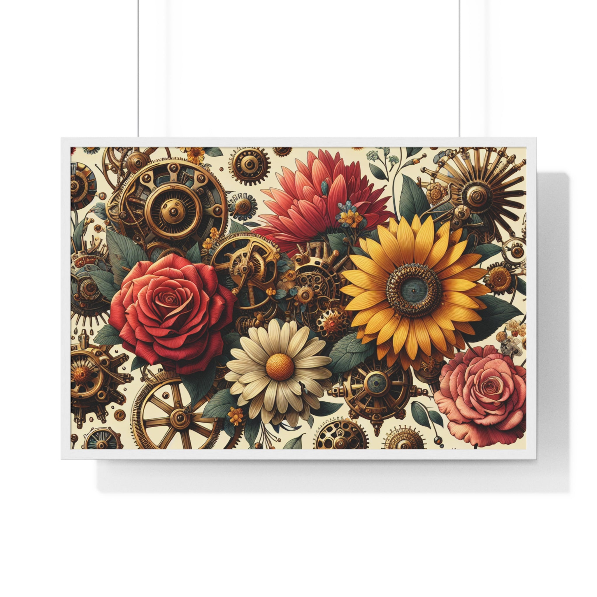 Vintage Floral Steampunk Framed Poster - Industrial Art Home Decor