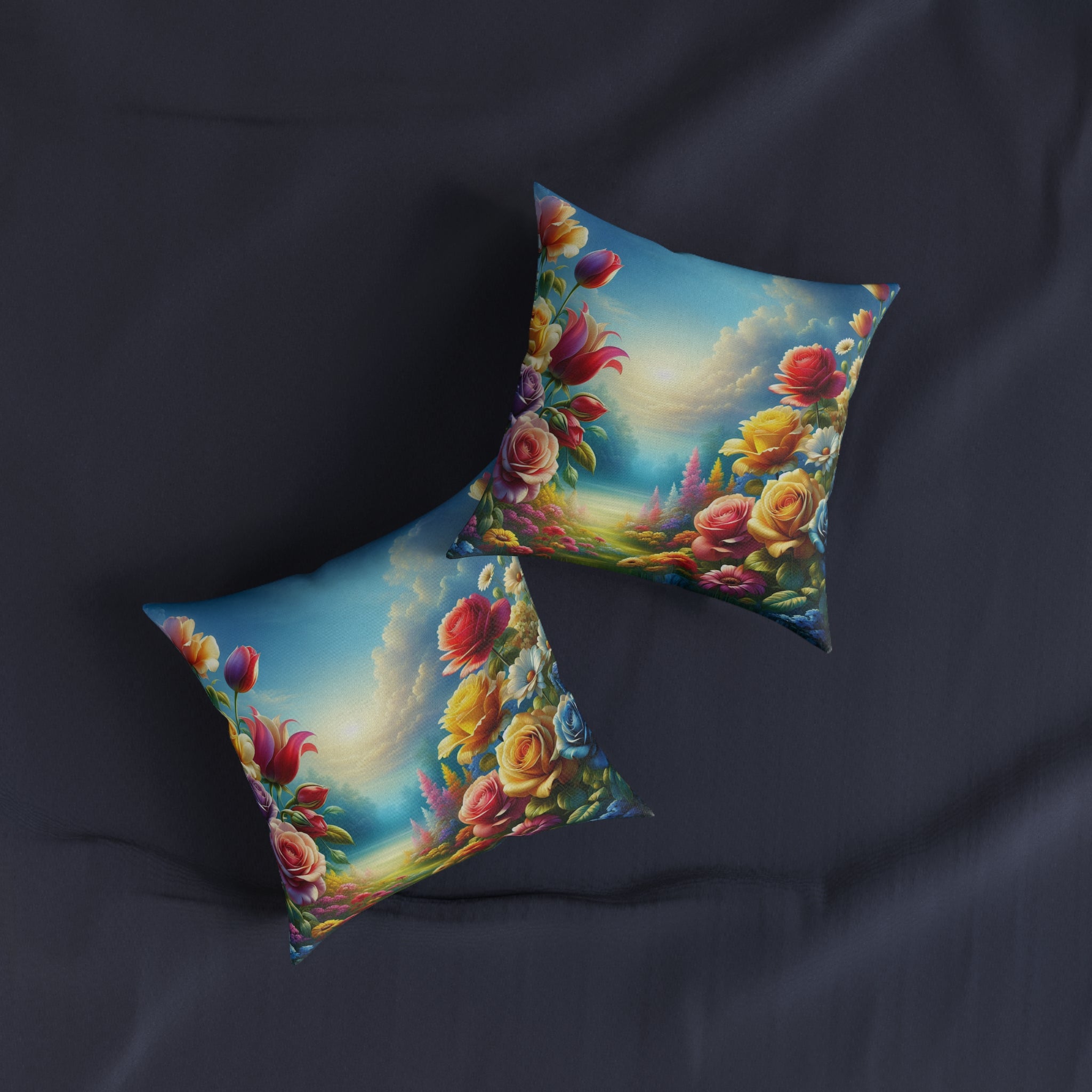 Floral Landscape Square Pillow - Vibrant Flower Garden Design for Home Decor