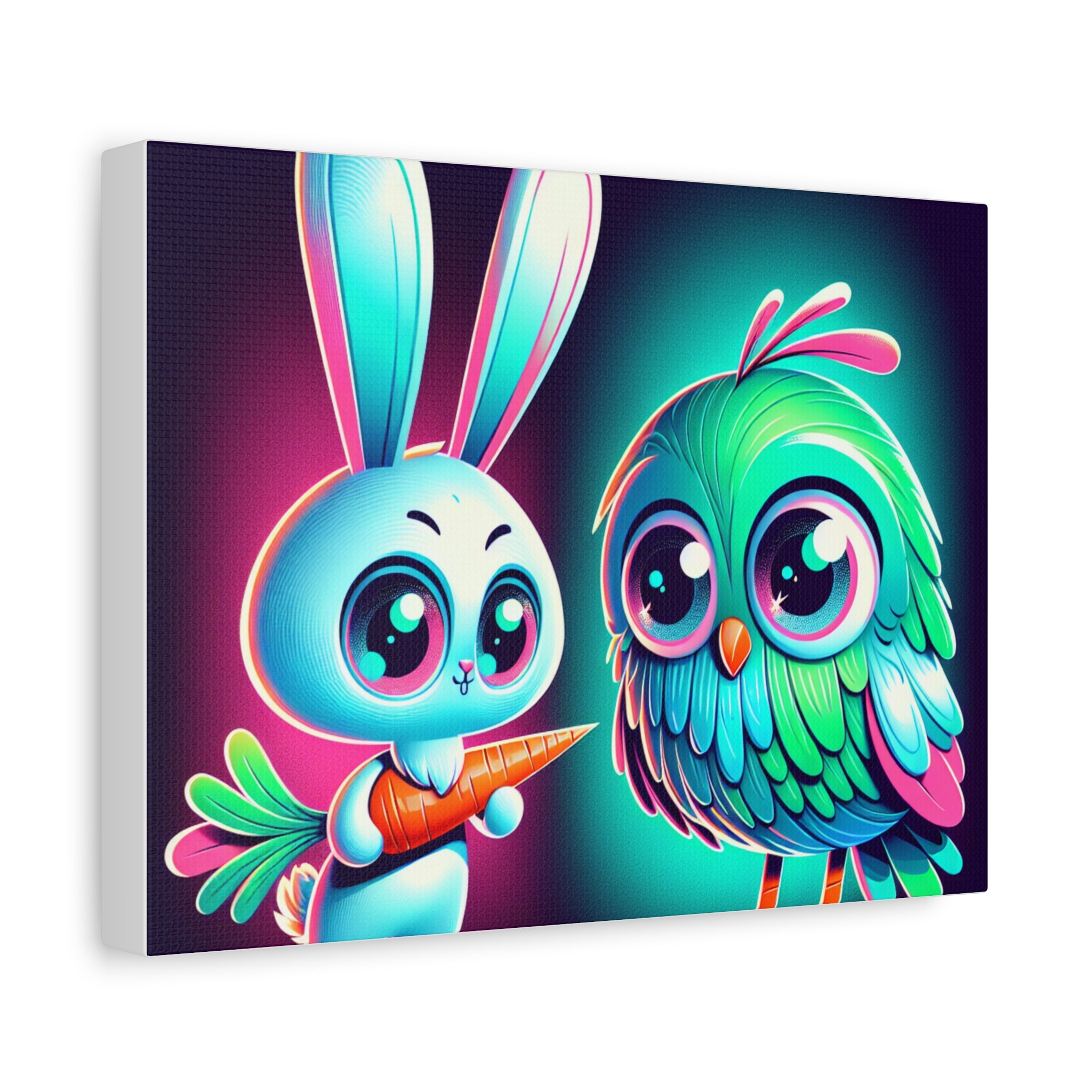 Whimsical Animal Canvas Art - Colorful Bunny and Bird Print