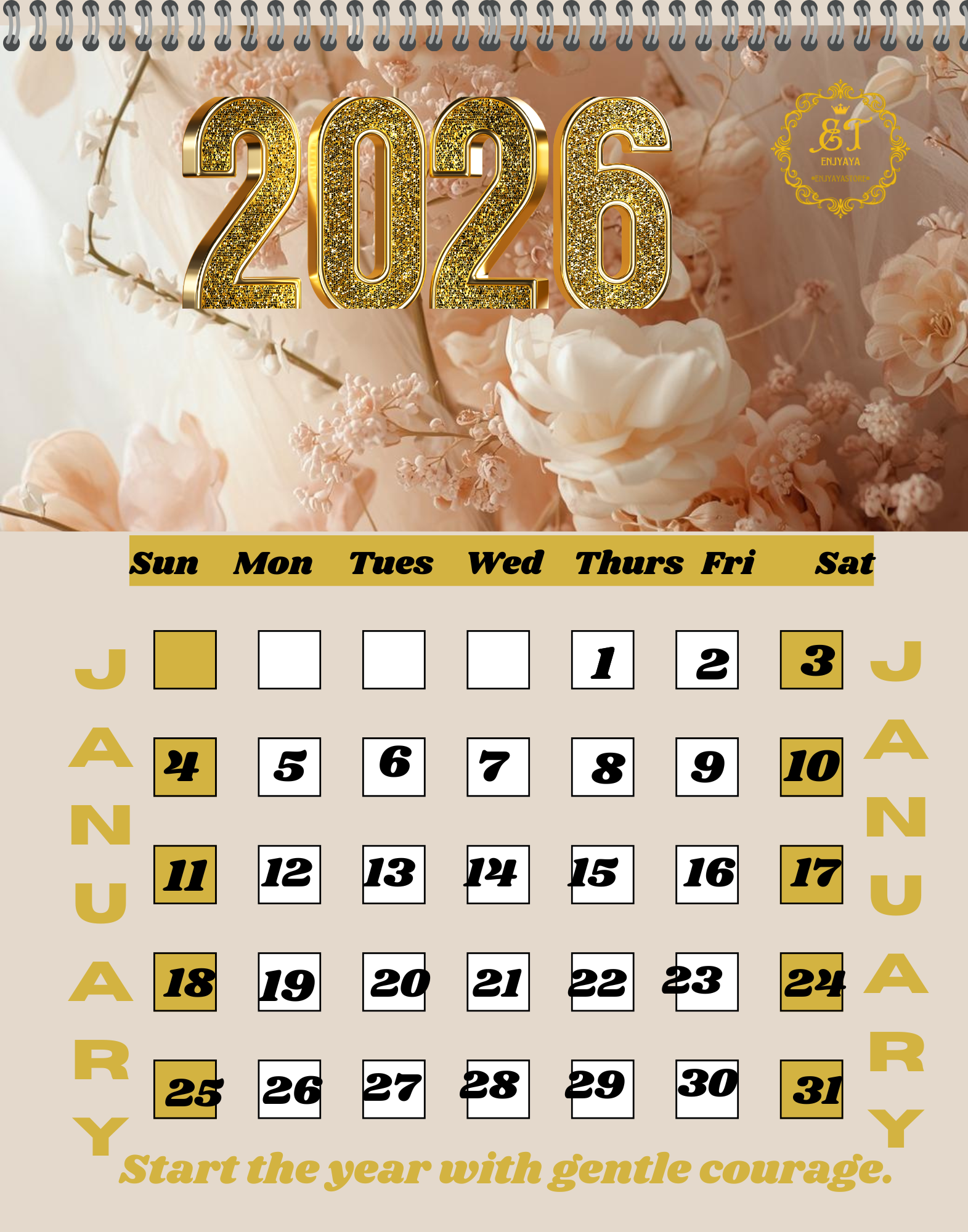 Calendar for 2026 with floral design and motivational quote