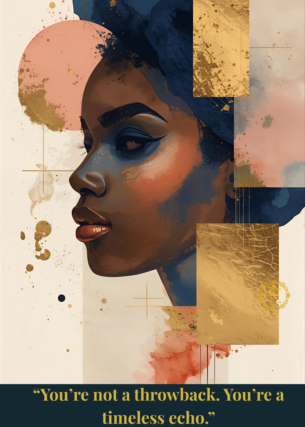 Artistic depiction of a woman's face with abstract geometric design and motivational quote.