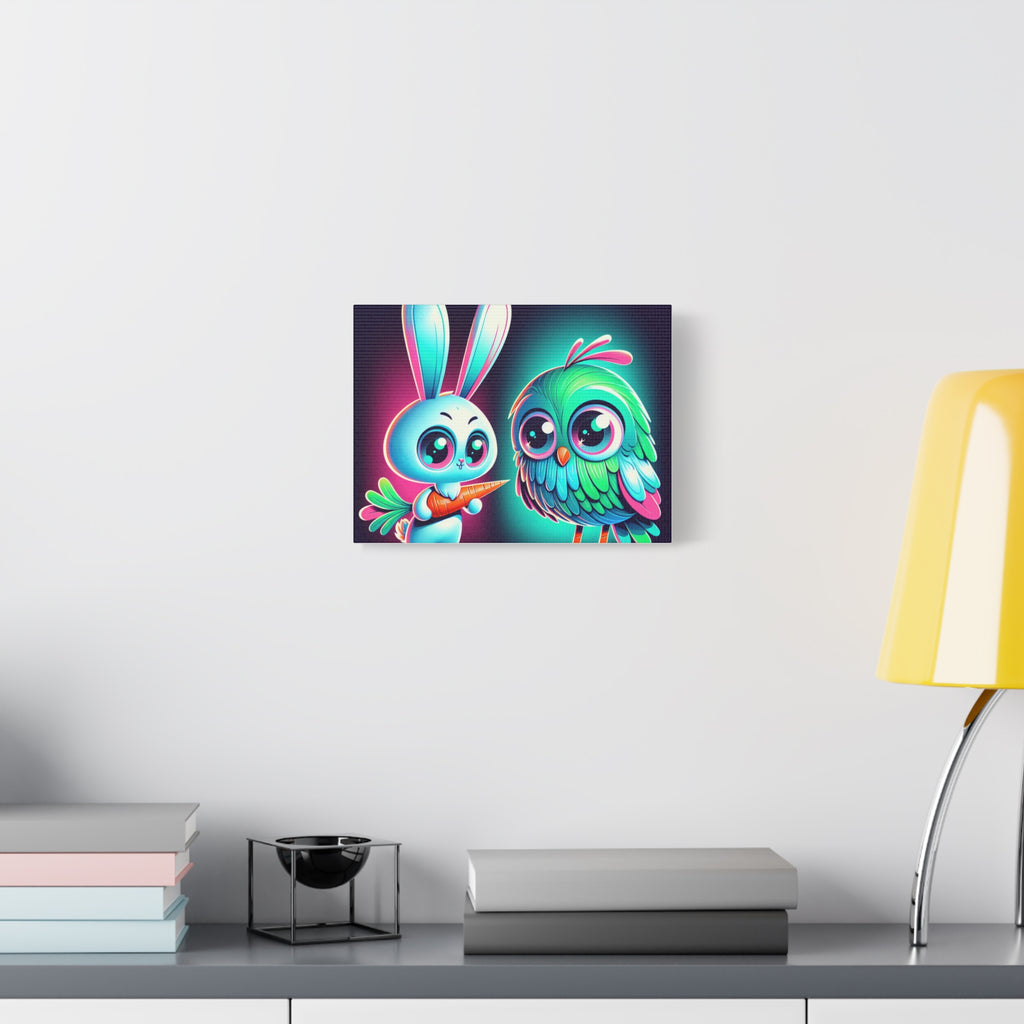 Whimsical Animal Canvas Art - Colorful Bunny and Bird Print