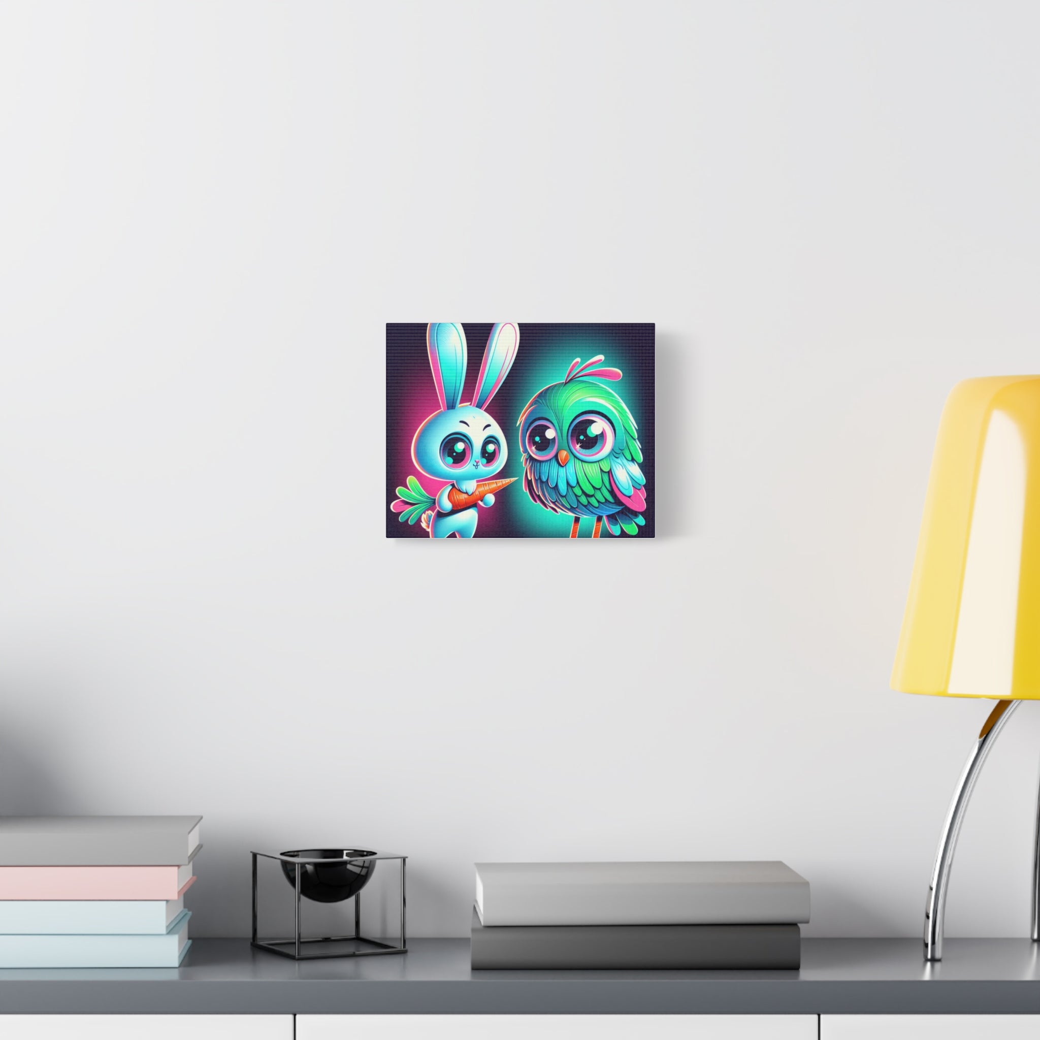 Whimsical Animal Canvas Art - Colorful Bunny and Bird Print