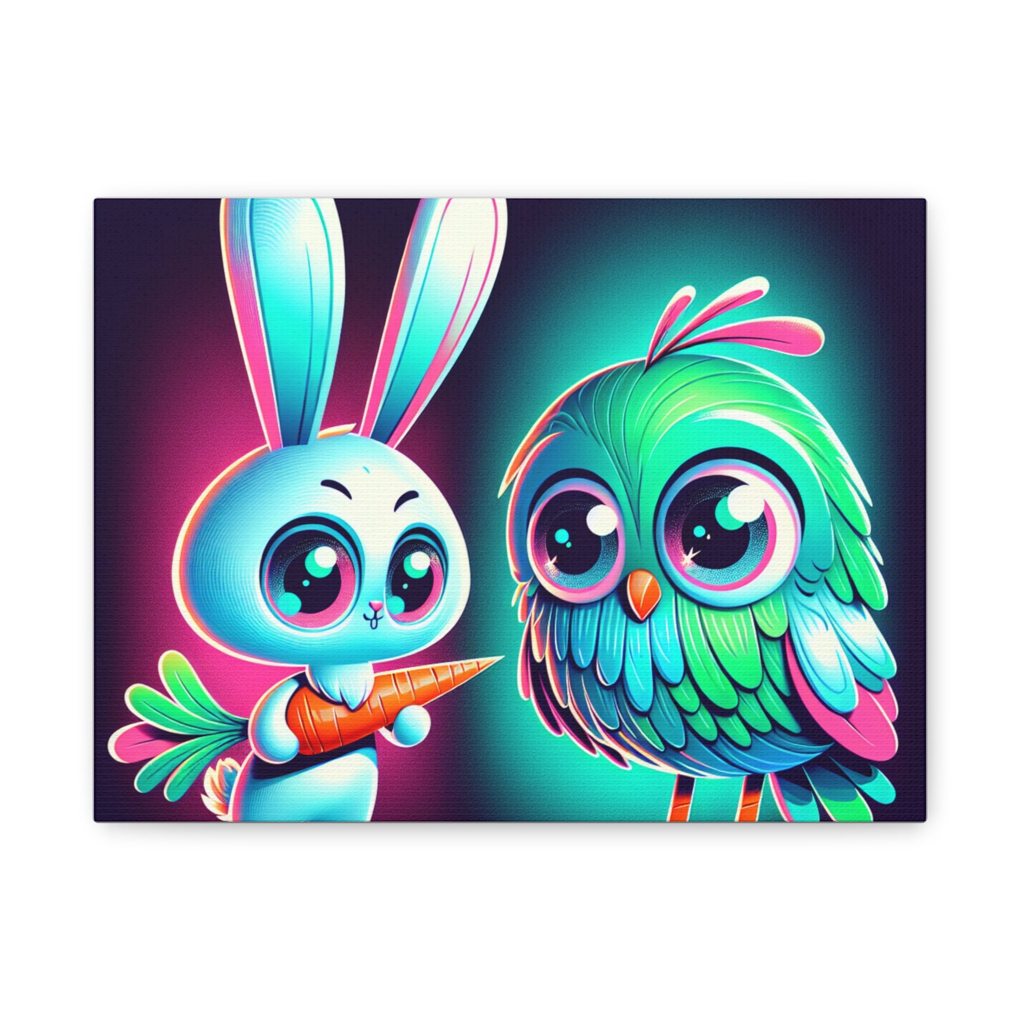 Whimsical Animal Canvas Art - Colorful Bunny and Bird Print
