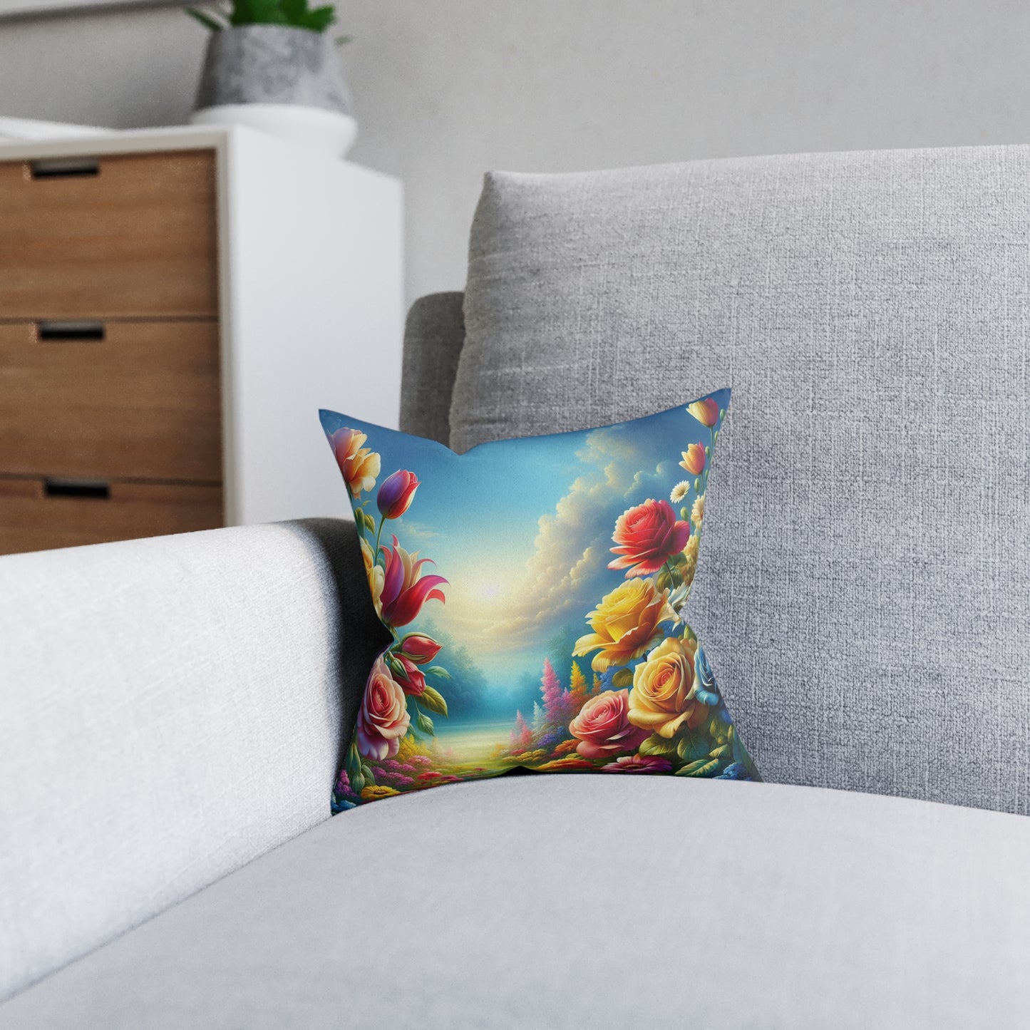 Floral Landscape Square Pillow - Vibrant Flower Garden Design for Home Decor