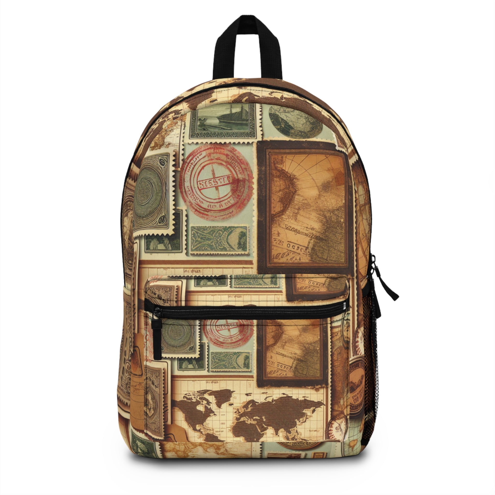 Vintage Travel-Themed Backpack with Postage Stamp Design