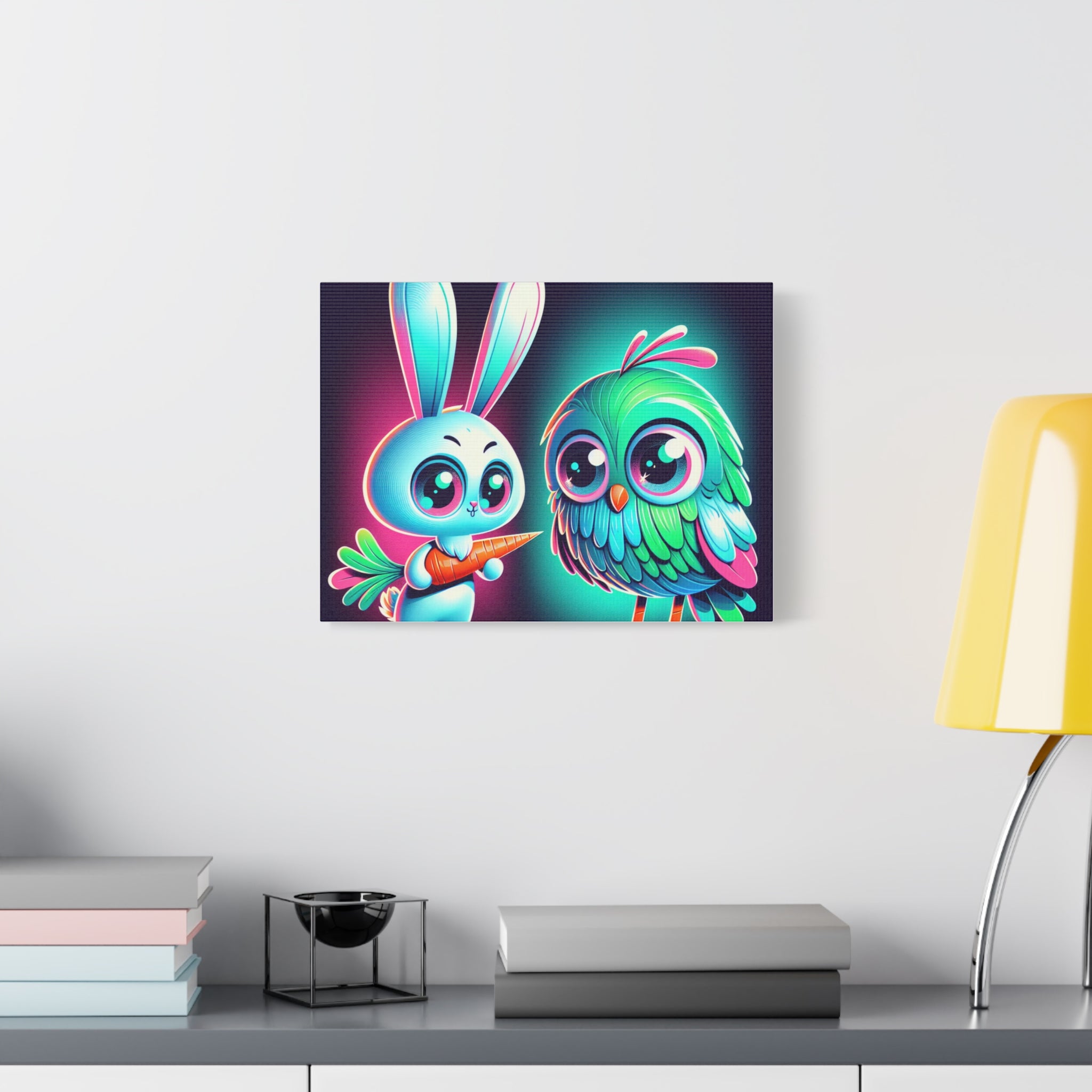 Whimsical Animal Canvas Art - Colorful Bunny and Bird Print
