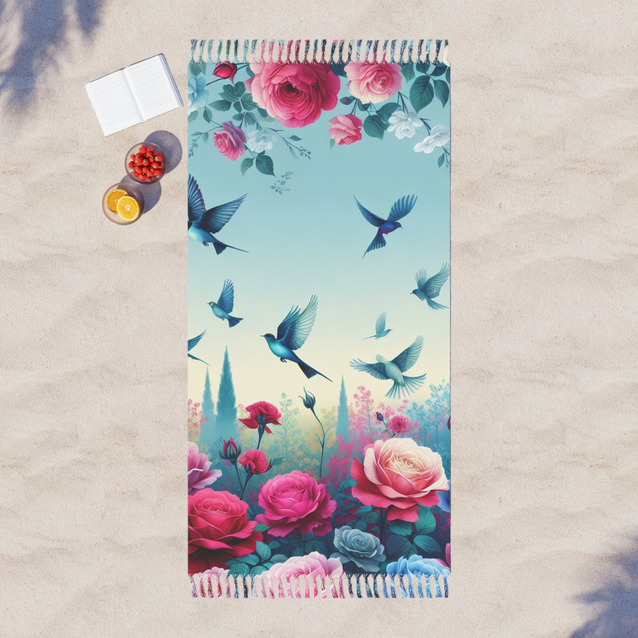 Boho Floral Beach Towel - Vibrant Rose & Bird Design for Summer Fun