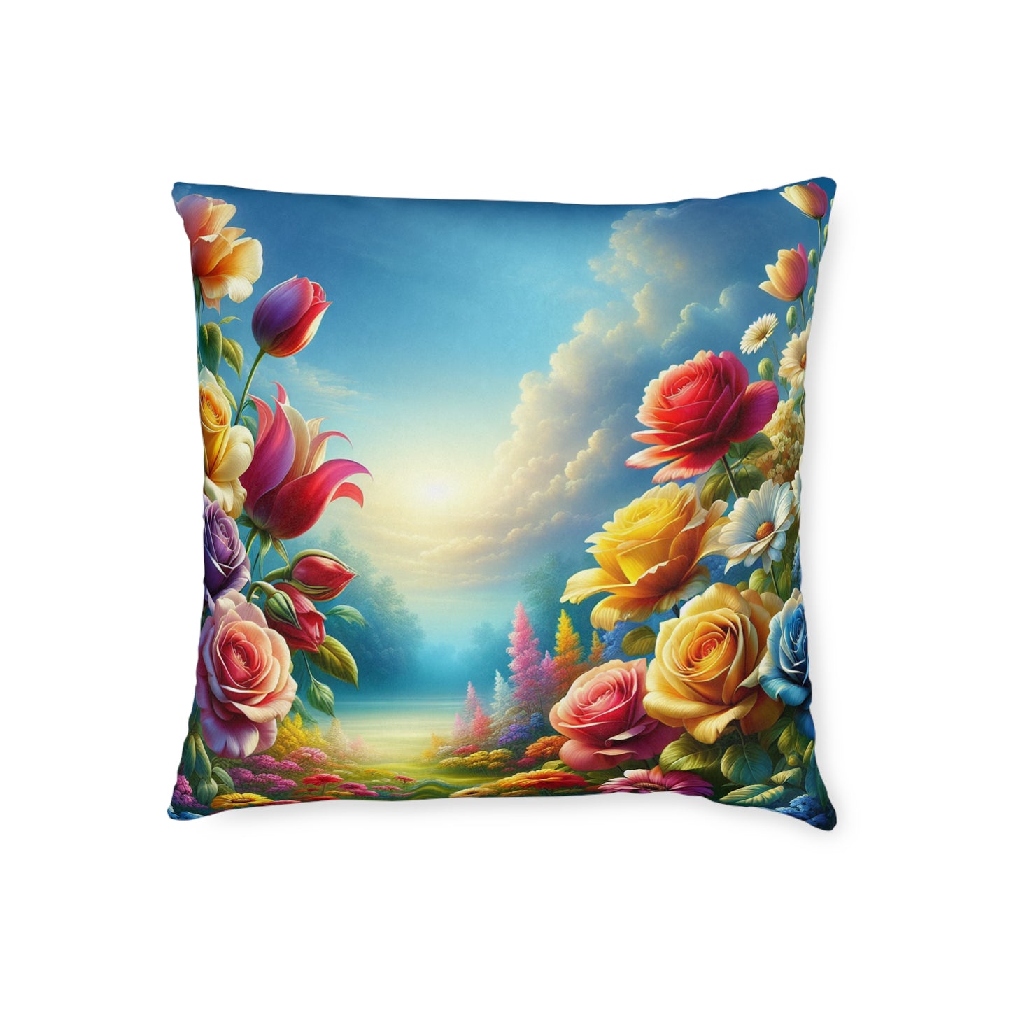 Floral Landscape Square Pillow - Vibrant Flower Garden Design for Home Decor