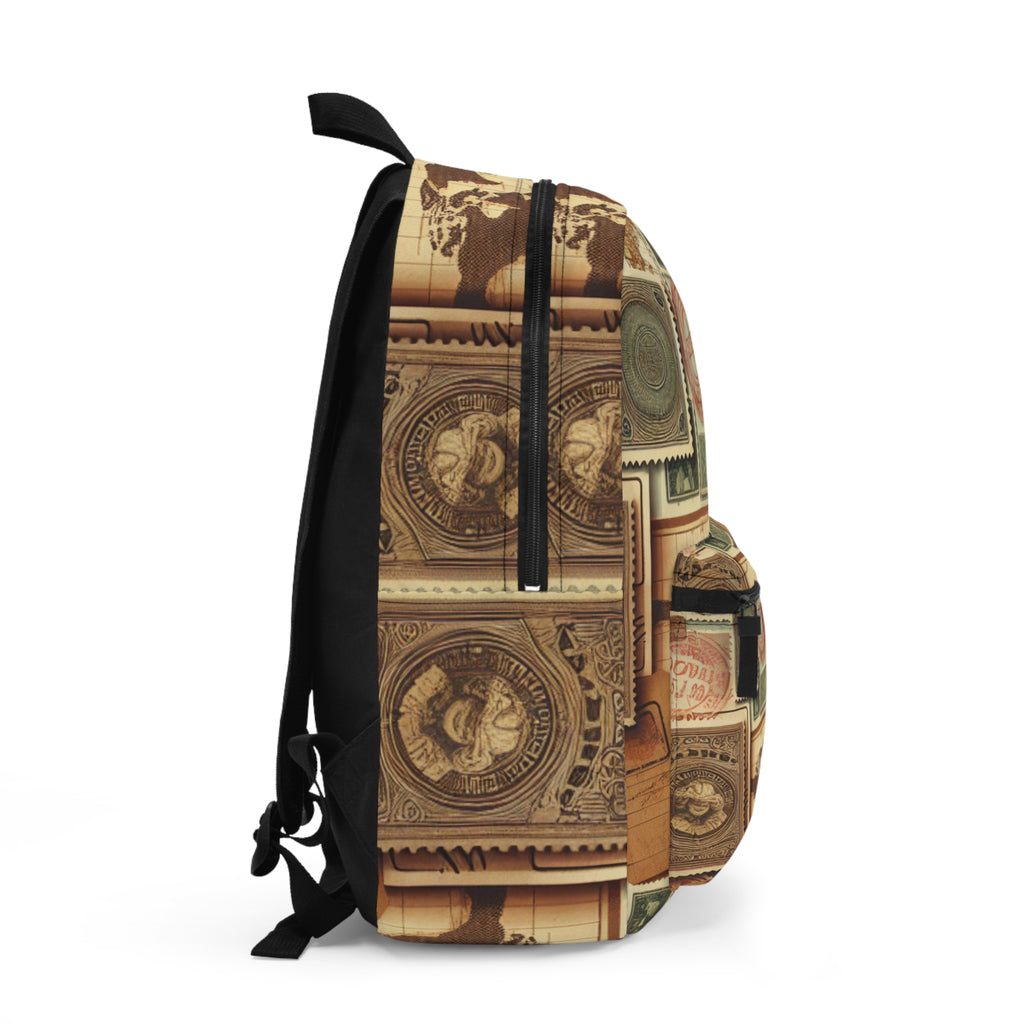 Vintage Travel-Themed Backpack with Postage Stamp Design