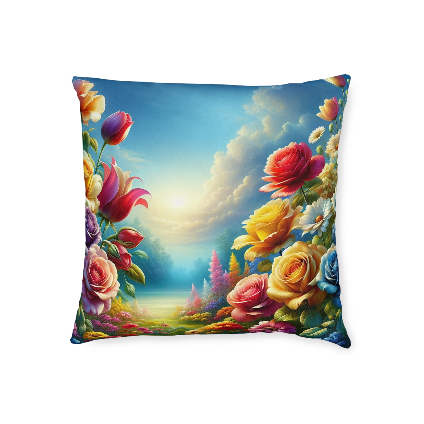 Floral Landscape Square Pillow - Vibrant Flower Garden Design for Home Decor