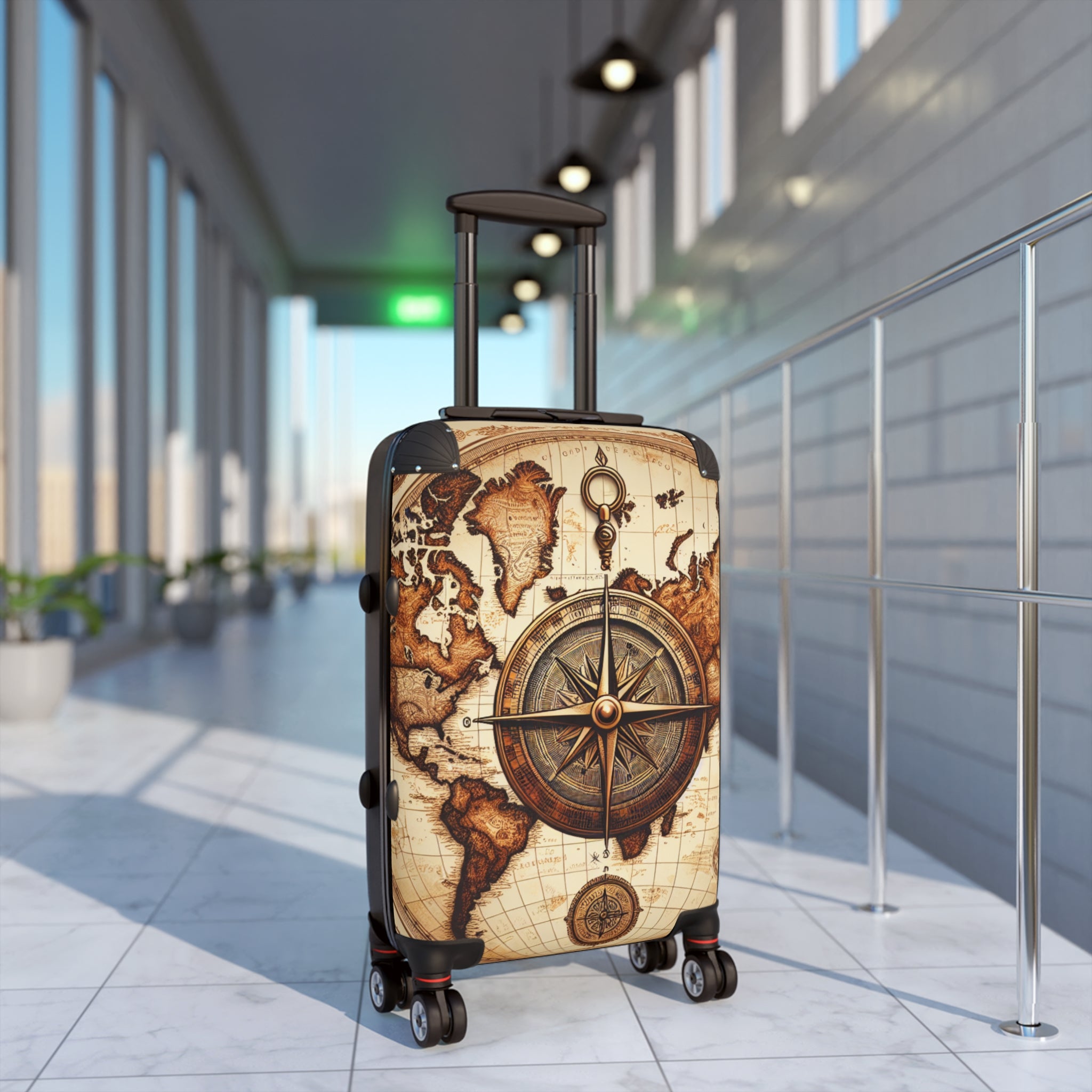 Vintage World Map Suitcase - Travel Luggage with Compass Design