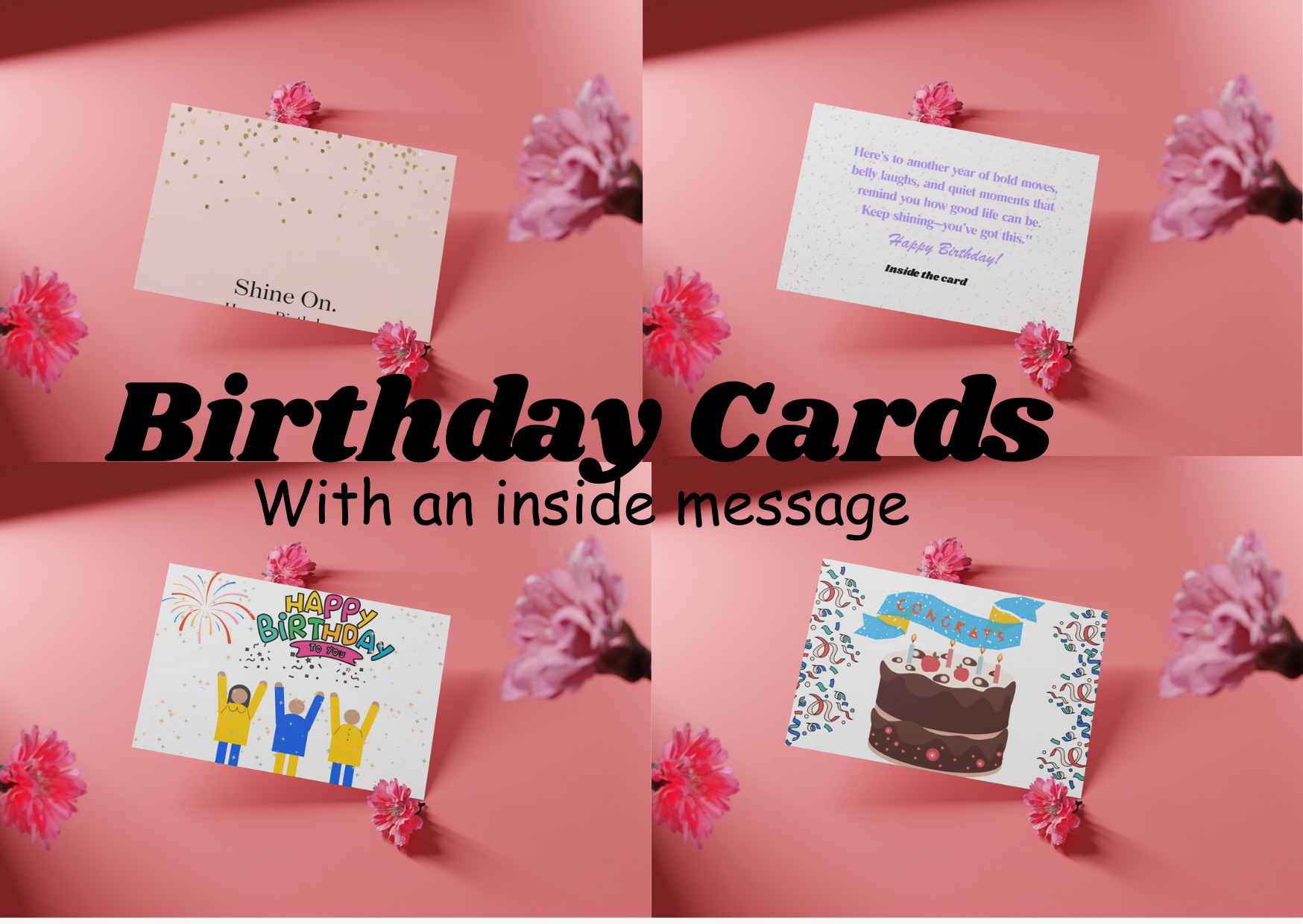 Collage of birthday cards with messages on a pink background with flowers.