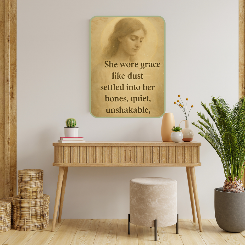 Decorative wall art with a quote above a wooden console table in a room with plants and a stool.