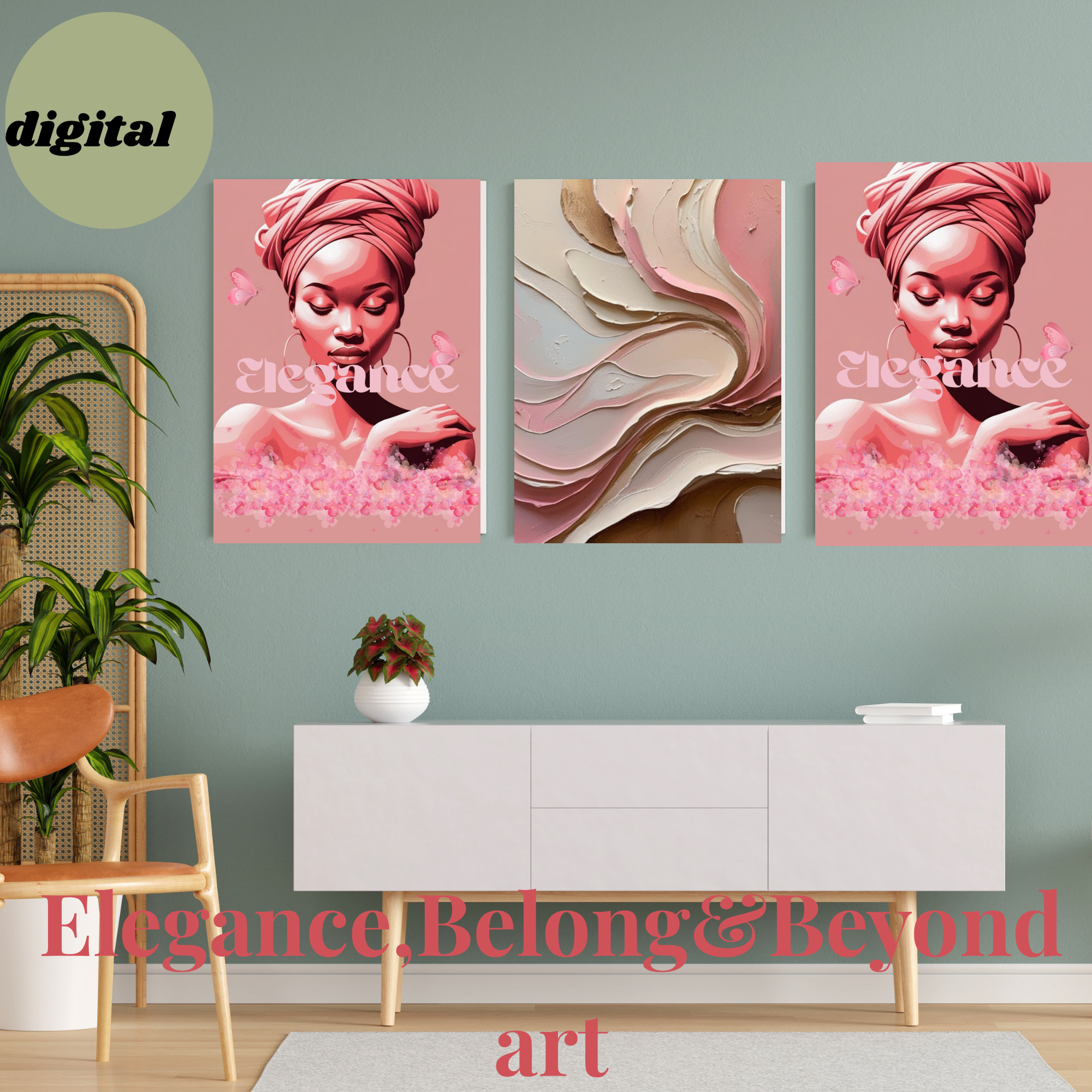 Three artistic portraits of a woman with a pink background on a wall above a white console table.