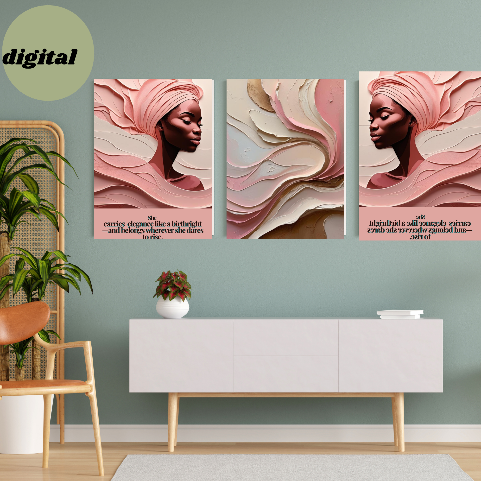 Three wall art pieces of a woman with a pink headscarf in a modern living room.