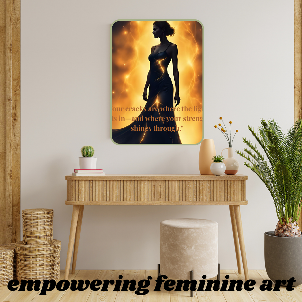Wall art of a silhouette with text above a wooden console table in a room.