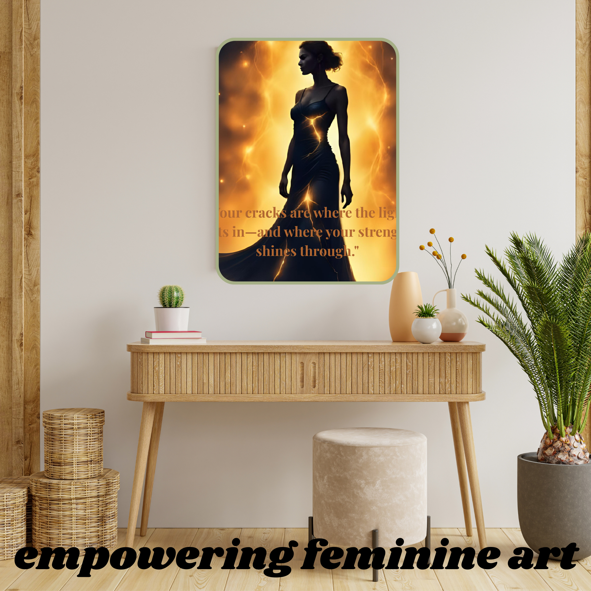 Wall art of a silhouette with text above a wooden console table in a room.