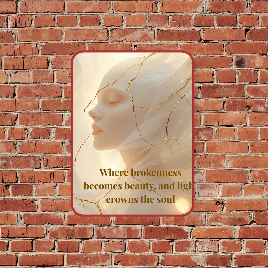 Decorative plaque with a marble-like design and text on a brick wall background