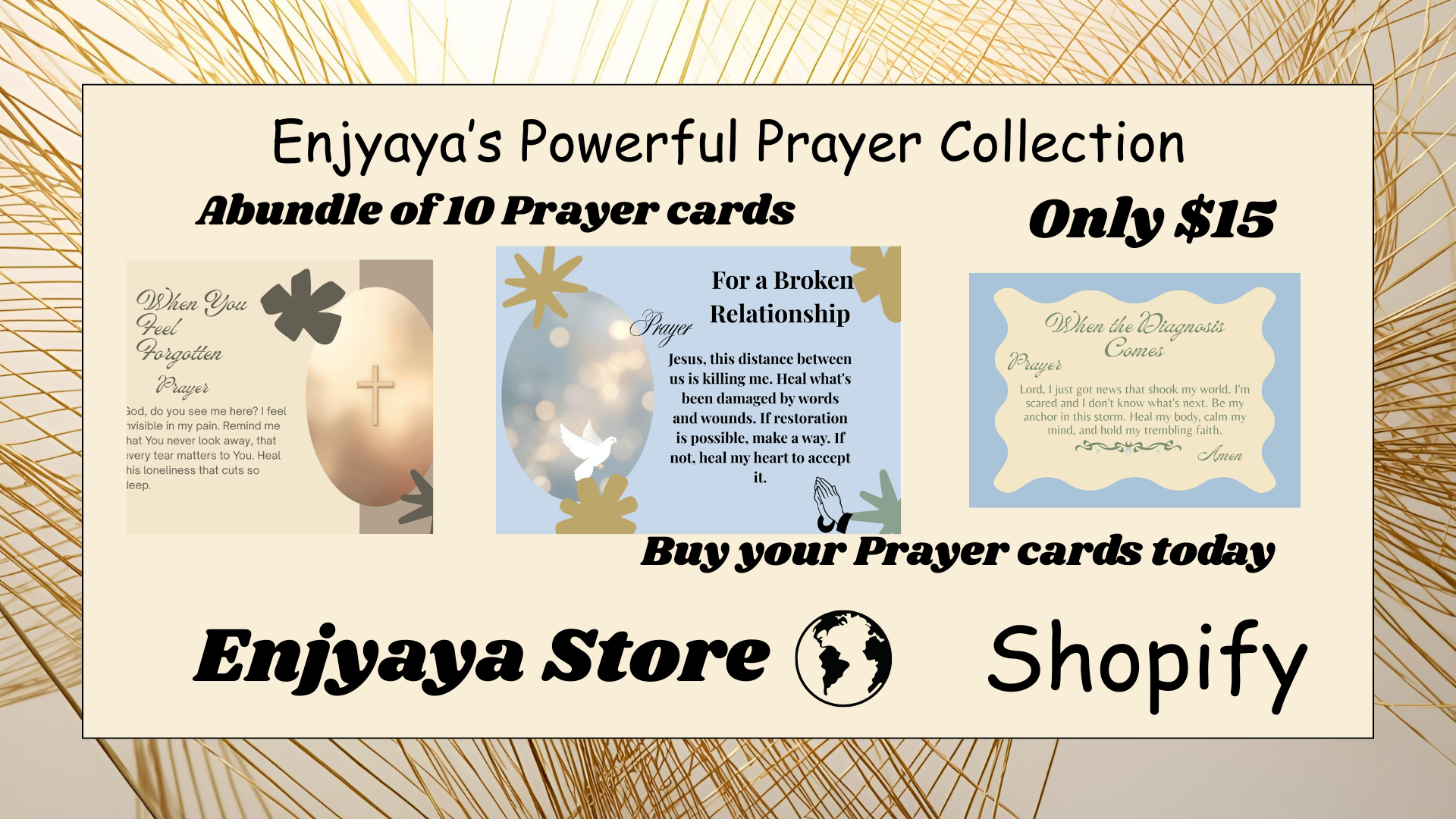 Advertisement for Enjyaya's Powerful Prayer Collection with prayer cards displayed.