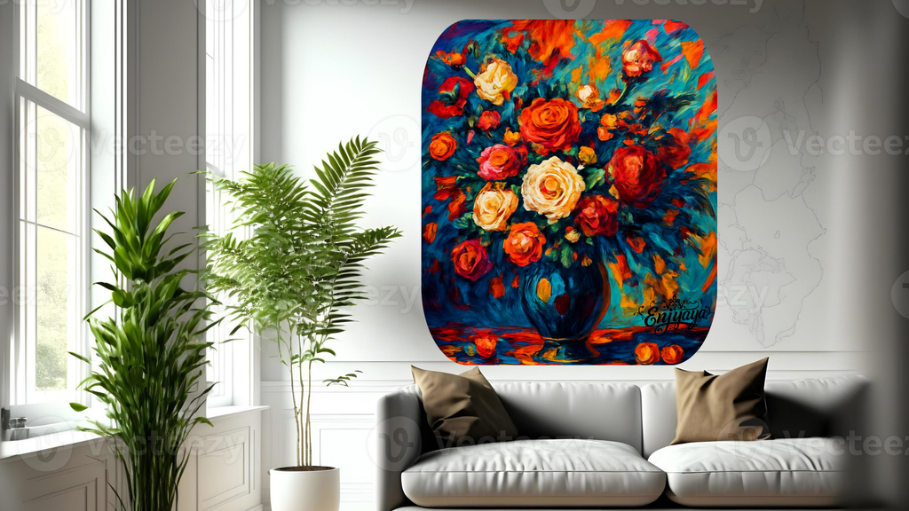 Colorful floral painting on a wall above a white sofa with decorative pillows.
