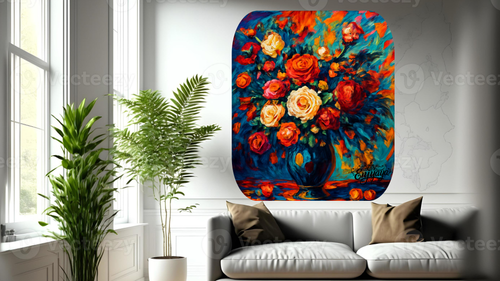 Colorful floral painting on a wall above a white sofa with decorative pillows.