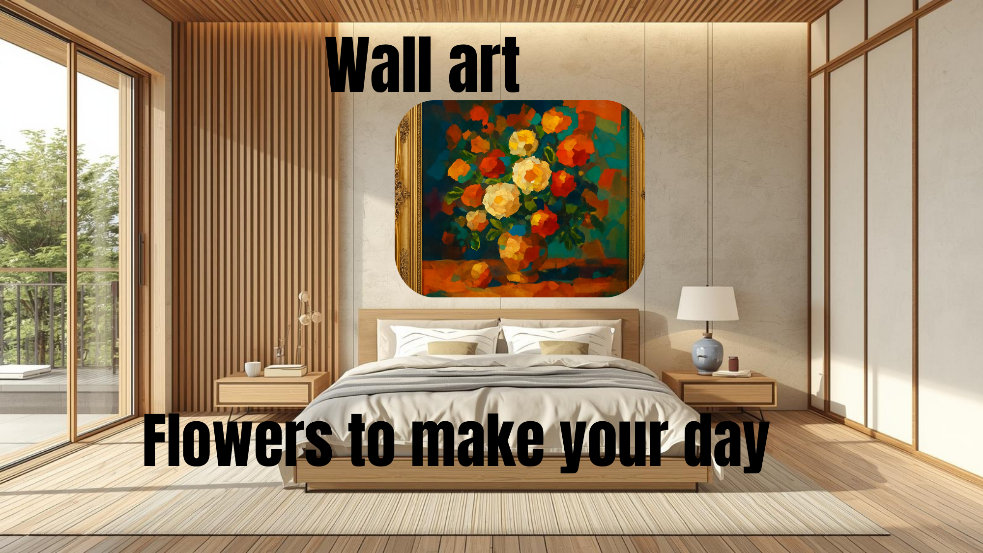 Modern bedroom with a painting of flowers on the wall