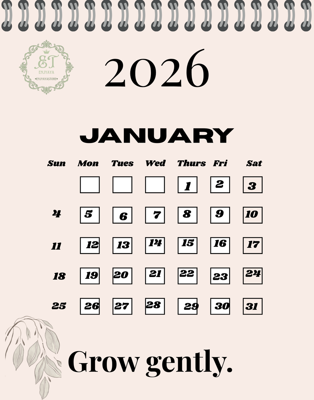 Calendar for January 2026 with decorative elements and a quote.