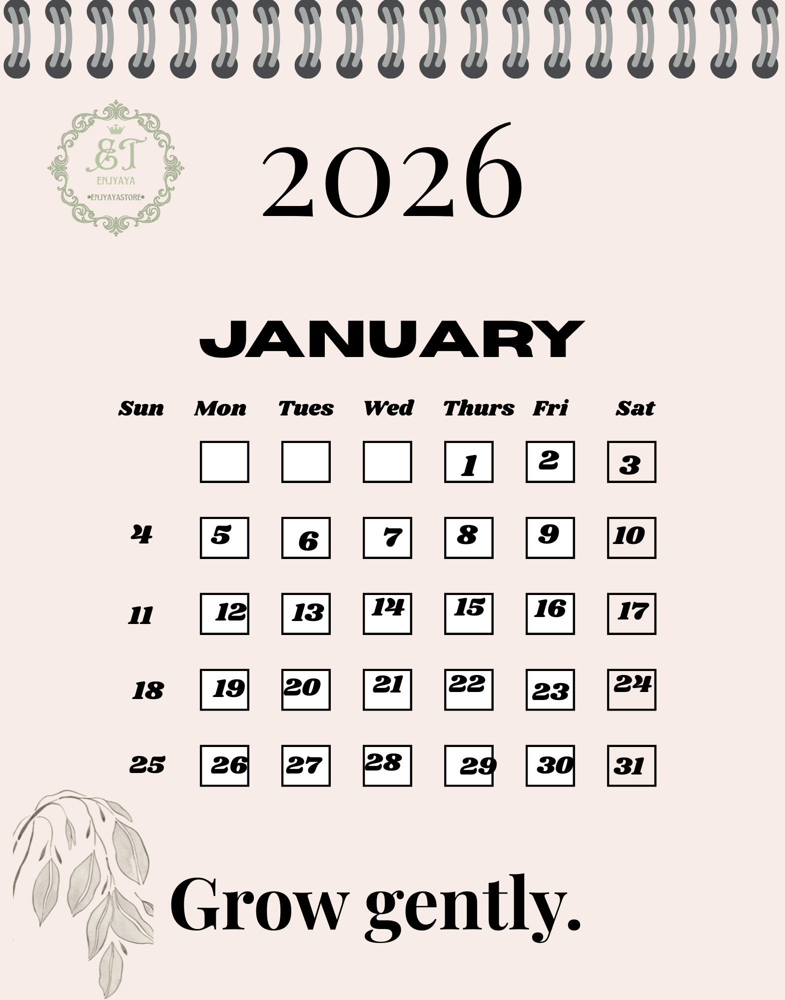 Calendar for January 2026 with decorative elements and a quote.