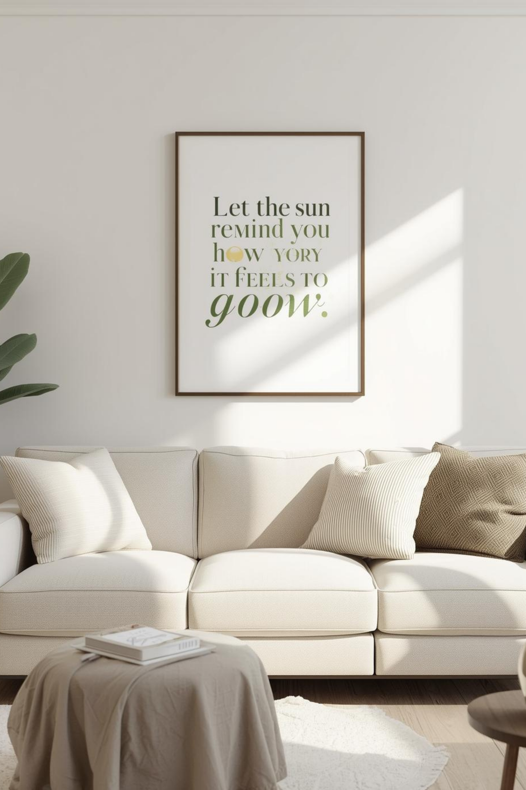 Beige sofa with a framed quote above it in a bright room