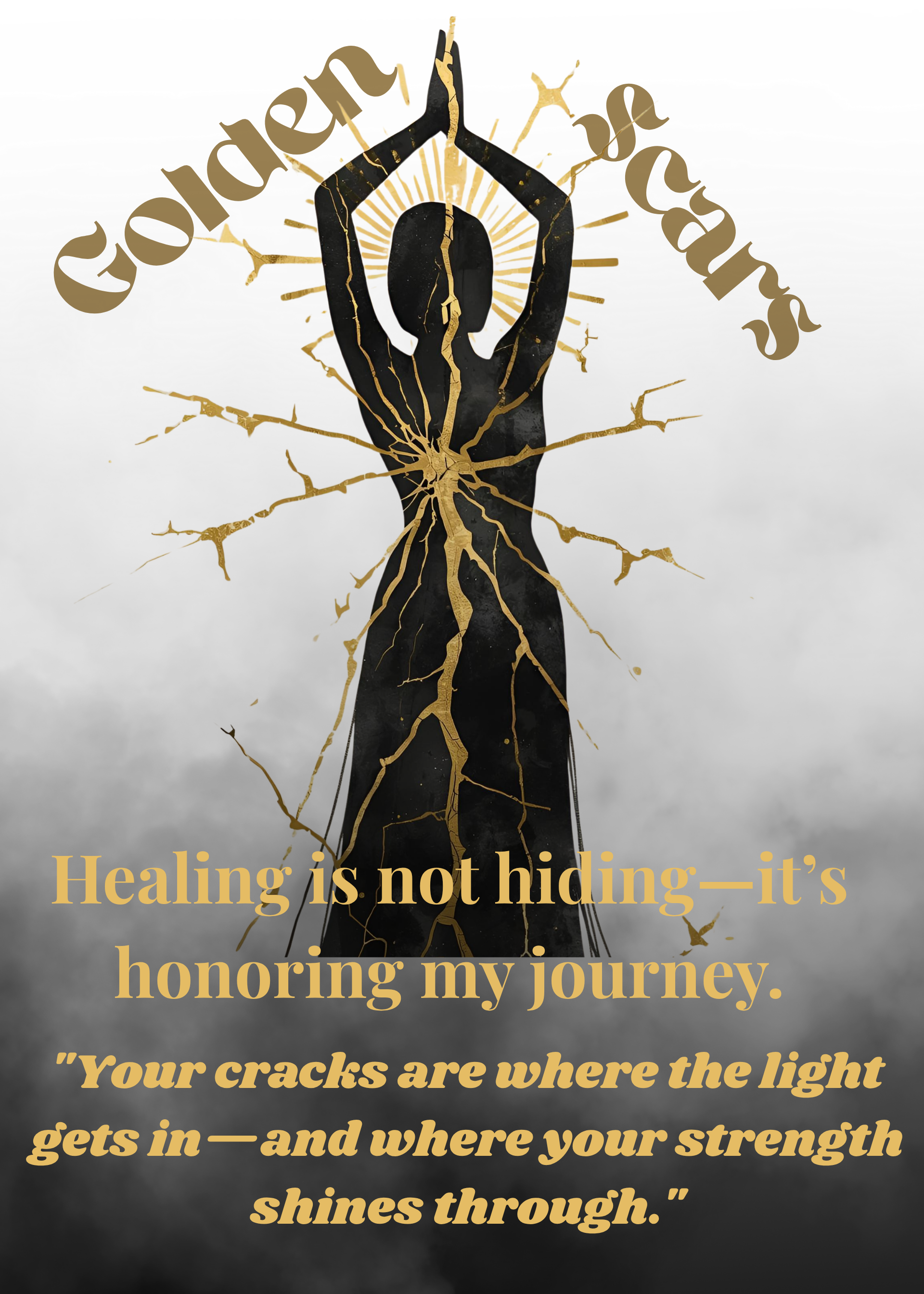 Artistic depiction of a person with gold accents and motivational text on a gray background.