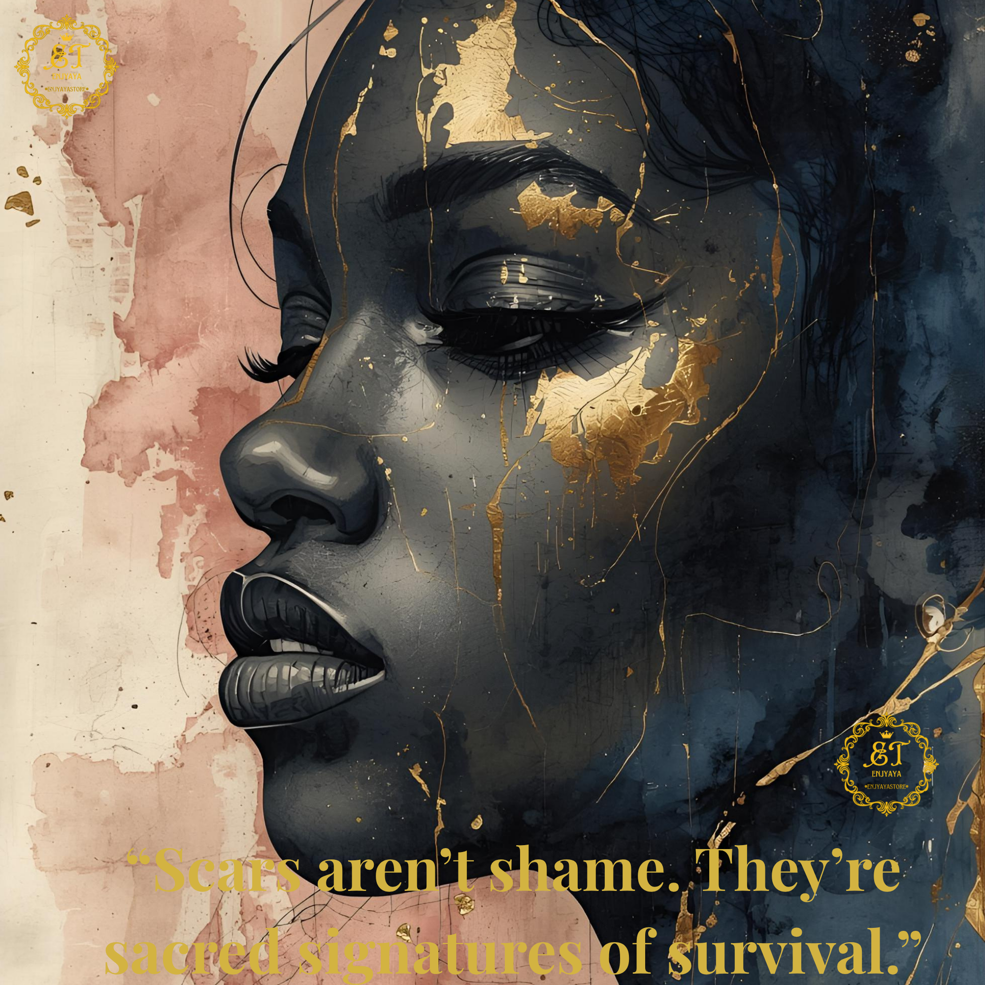 Artistic depiction of a face with gold accents and a motivational quote on a textured background