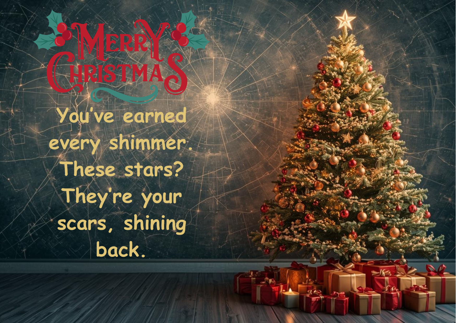 Decorated Christmas tree with presents and 'Merry Christmas' text on a textured wall.