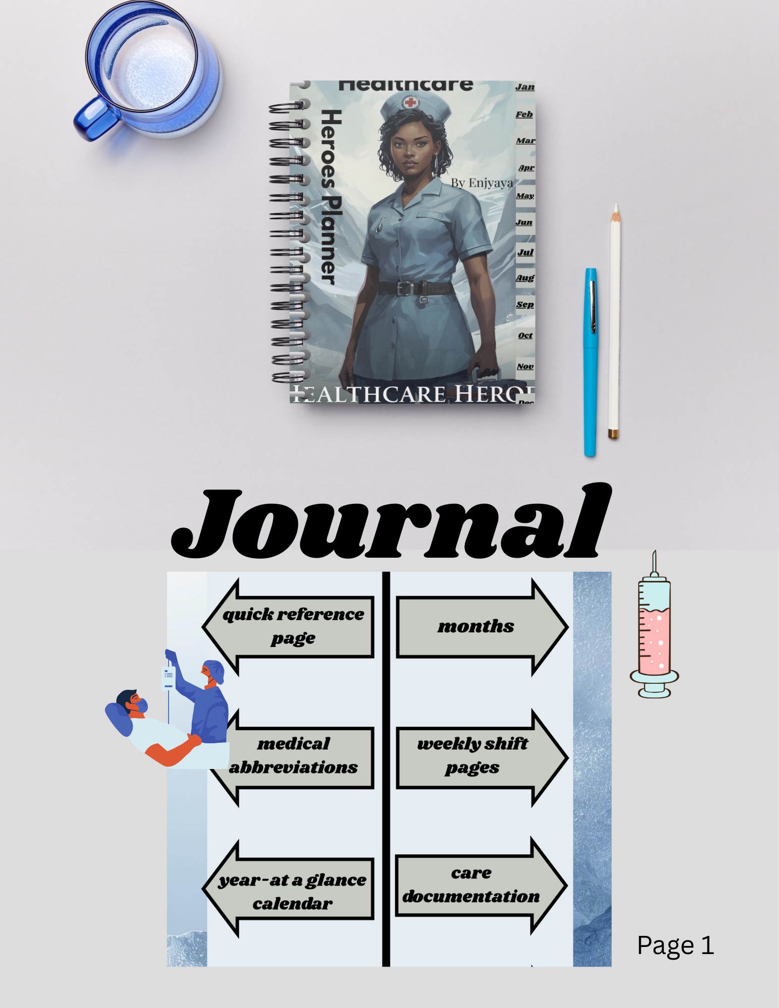 Journal with healthcare theme featuring a nurse on the cover, displayed with a cup and pen.