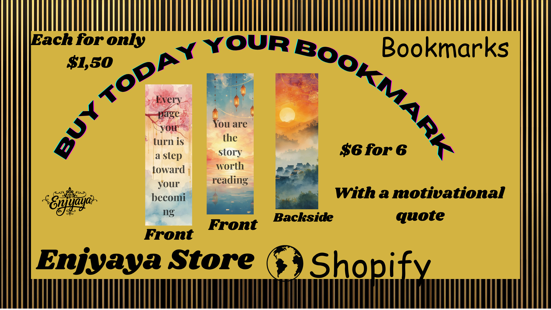 Advertisement for Enjyaya Store bookmarks with motivational quotes, featuring three bookmark designs.
