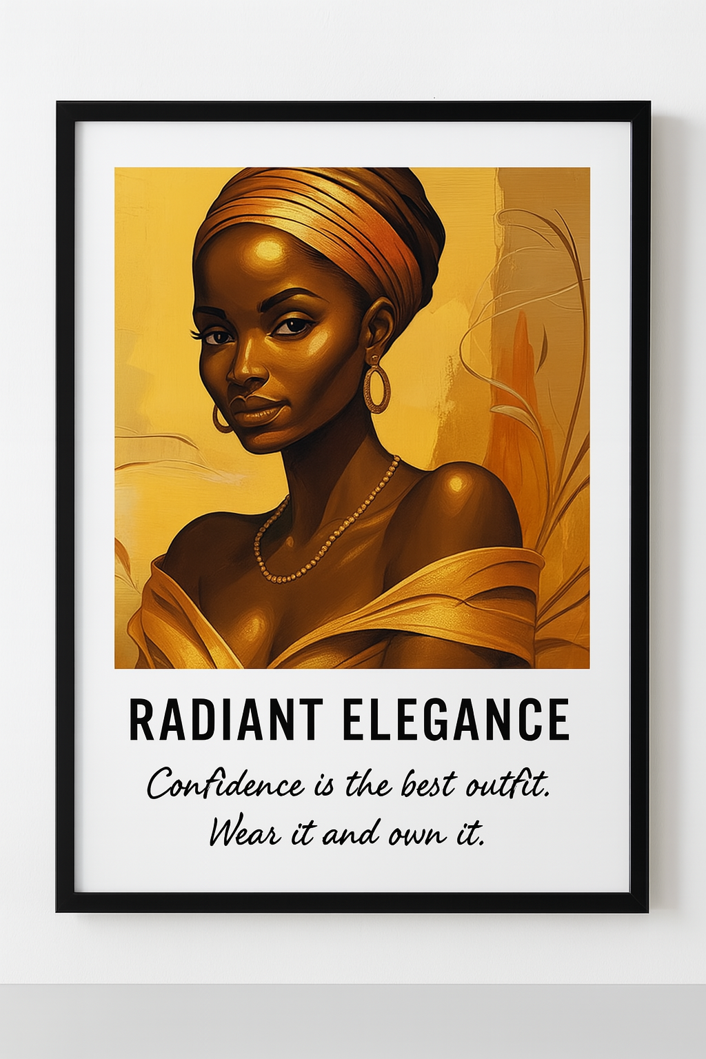 Framed artwork of a woman with text 'Radiant Elegance' and motivational quote on a white background