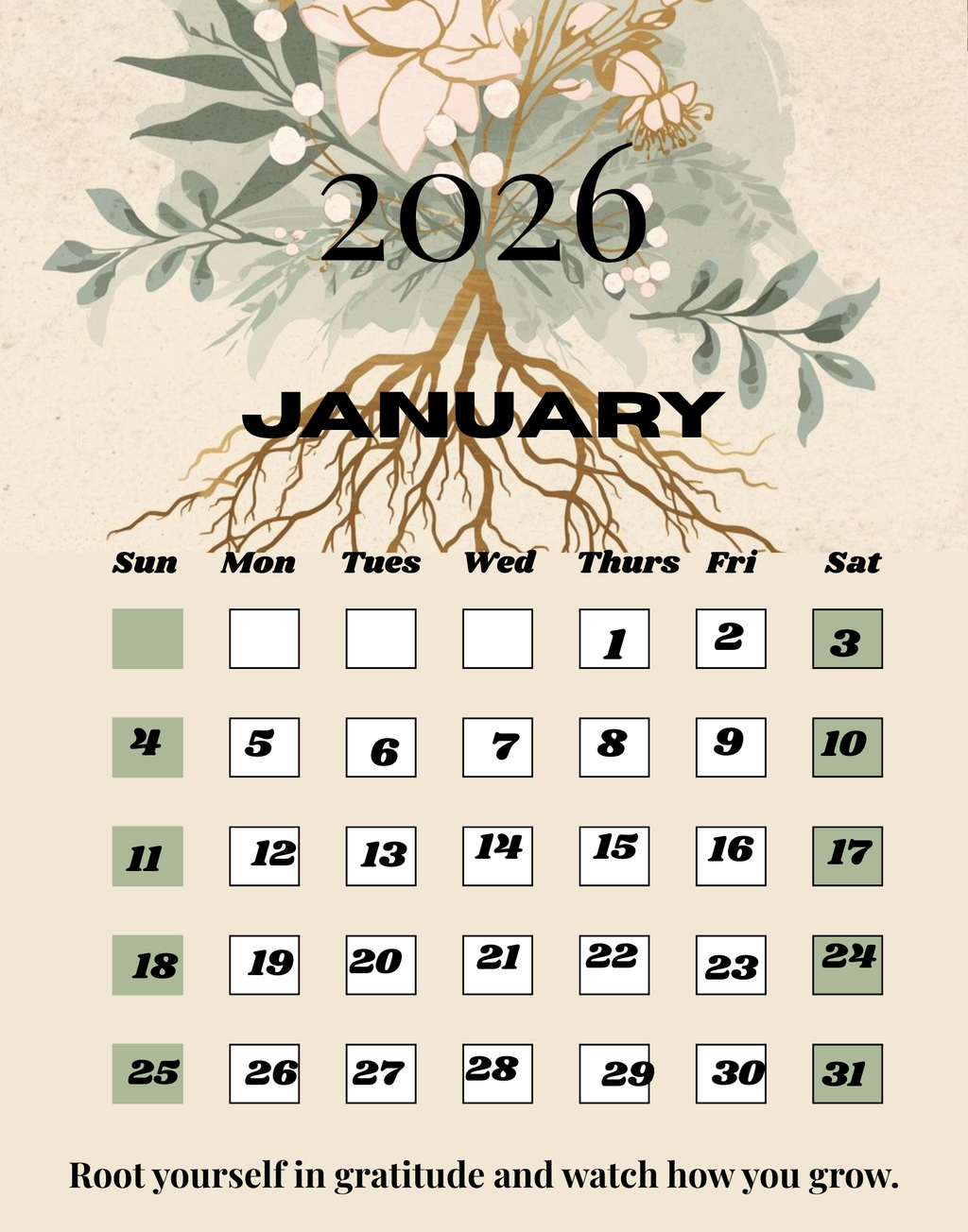Calendar for January 2026 with floral design and motivational quote on a beige background