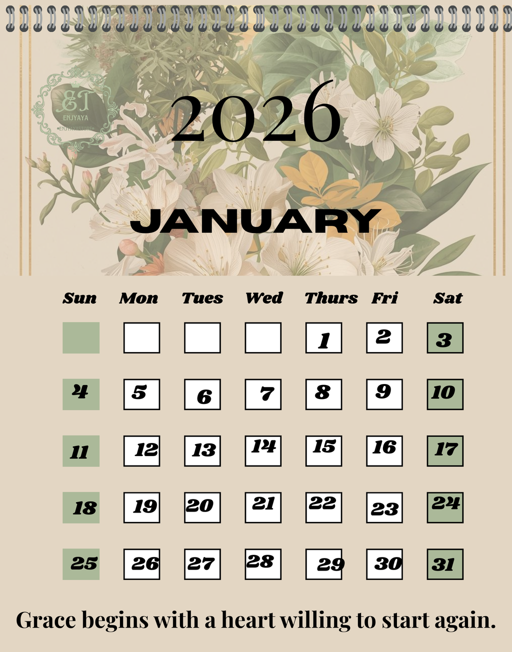 Calendar for January 2026 with floral design and motivational quote.