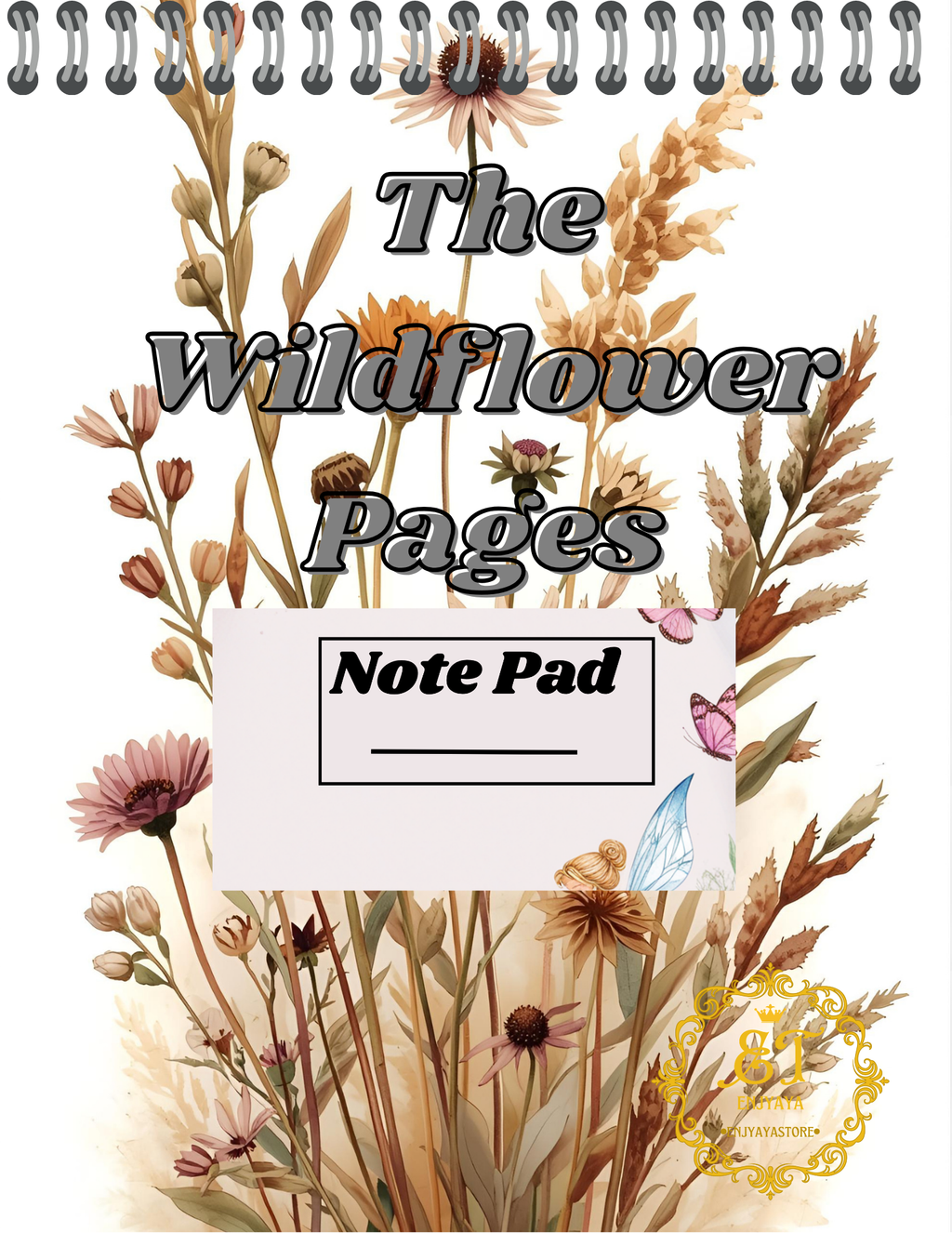 Note pad with wildflower design and text 'The Wildflower Pages' on a beige background
