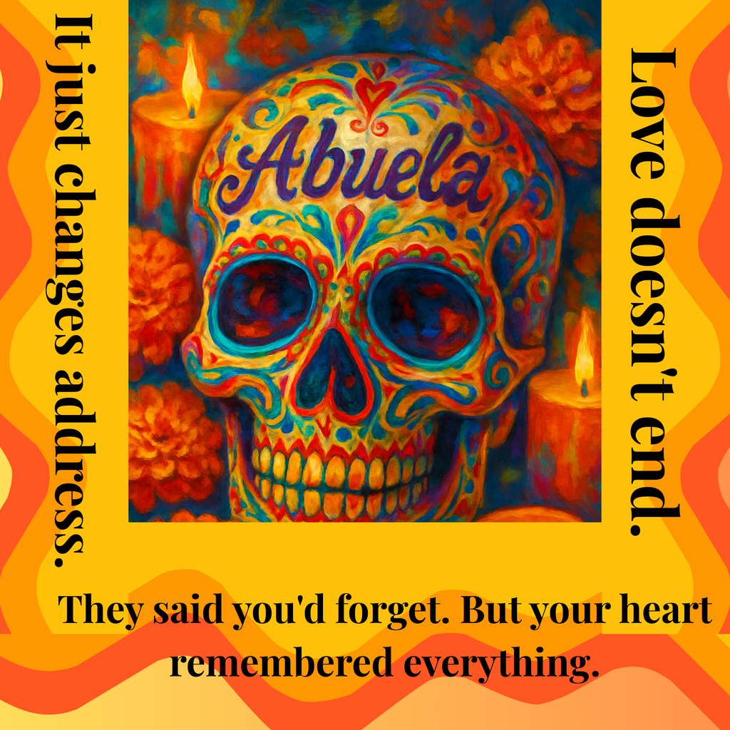 Colorful skull with 'Abuela' text surrounded by candles and flowers on a vibrant background.